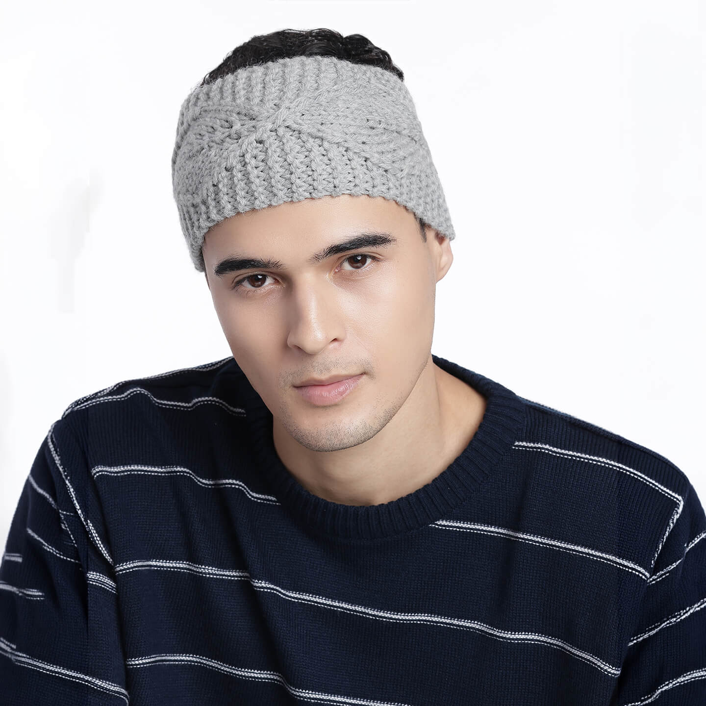 Hand Knitted Woolen Designer Headband - Light Grey 10687