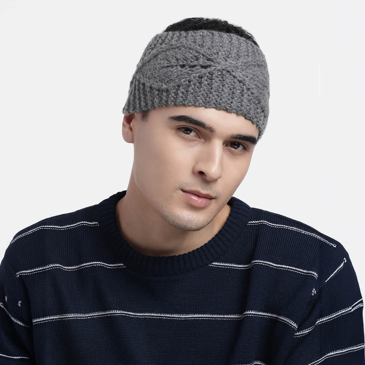 Hand Knitted Woolen Designer Headband - Dark Grey 10688