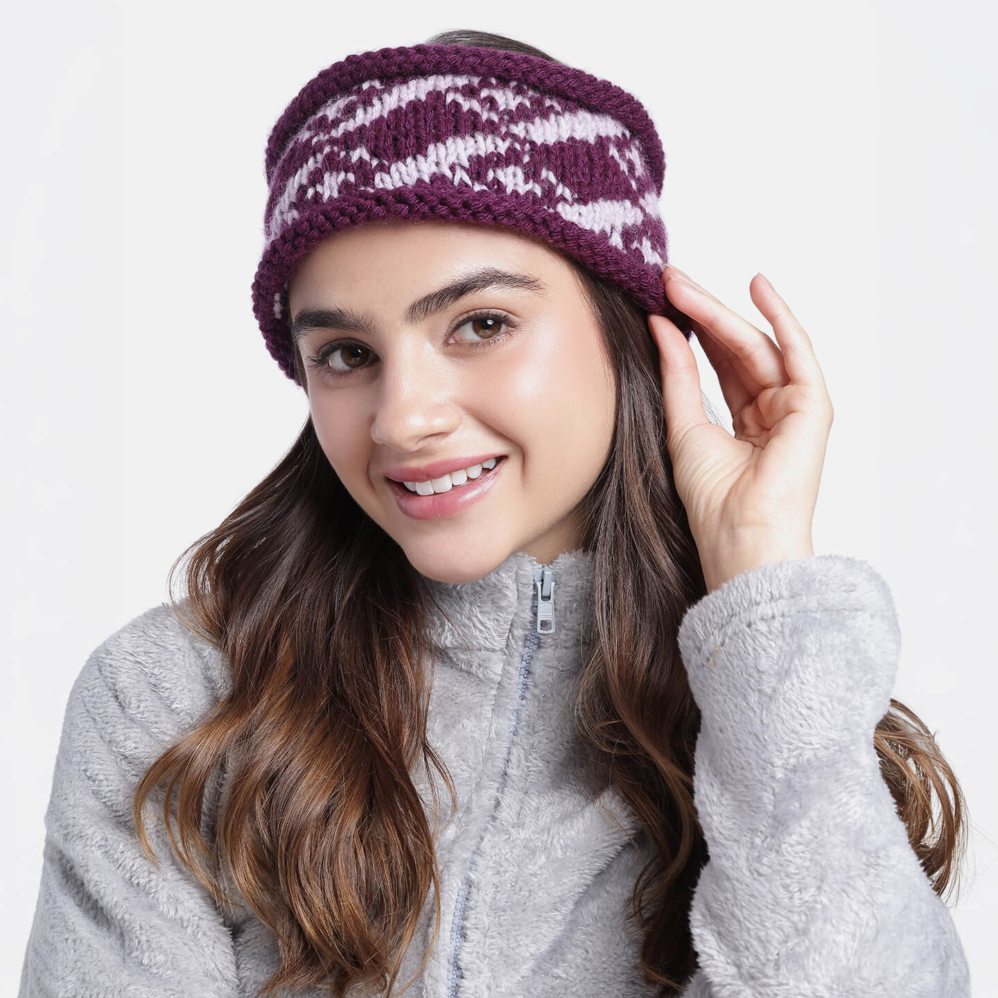 Hand Knitted Woolen ZigZag Design Headband - Violet 10689