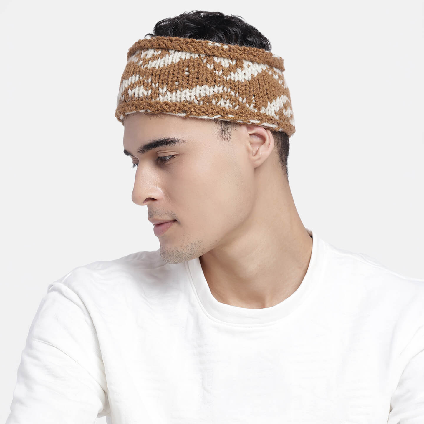 Hand Knitted Woolen Striped Headband - Brown 10691