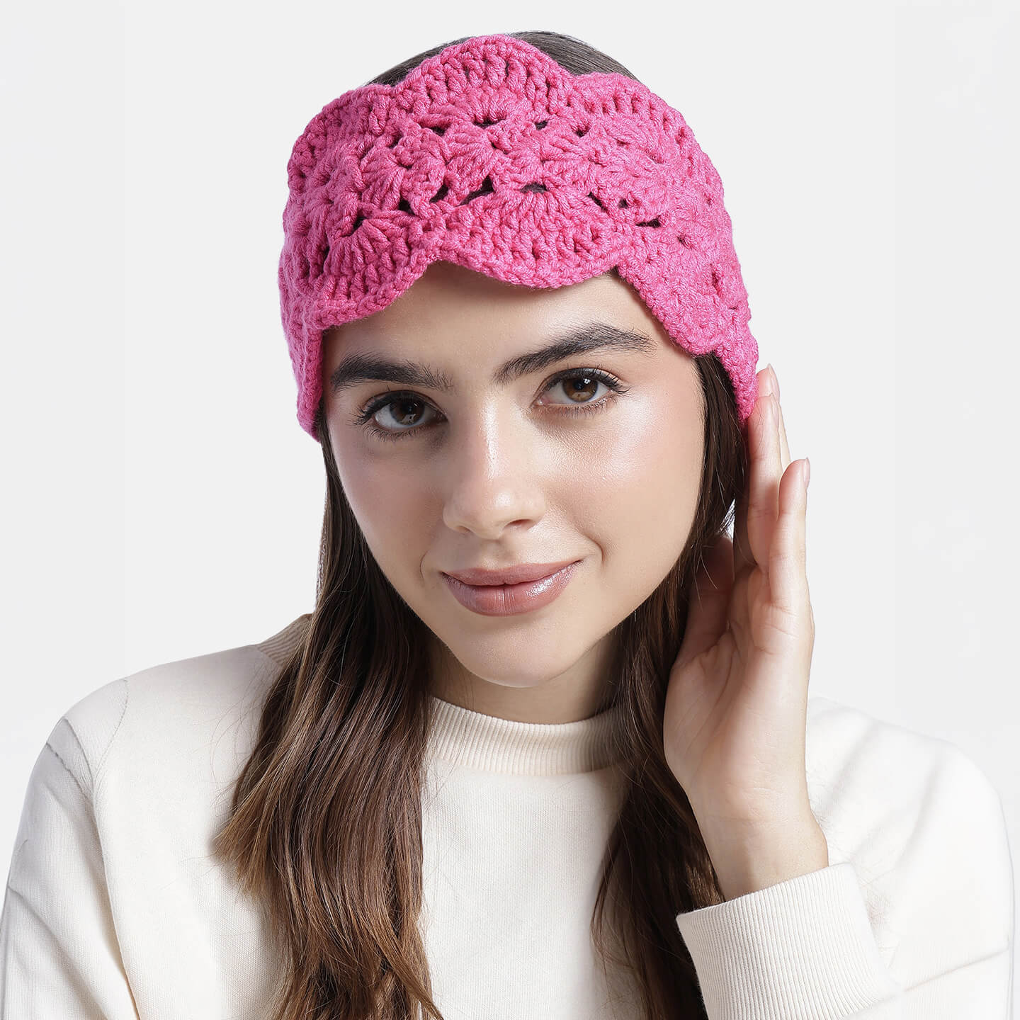 Handmade Crochet Tie-Back Headband - Rose Pink 10692