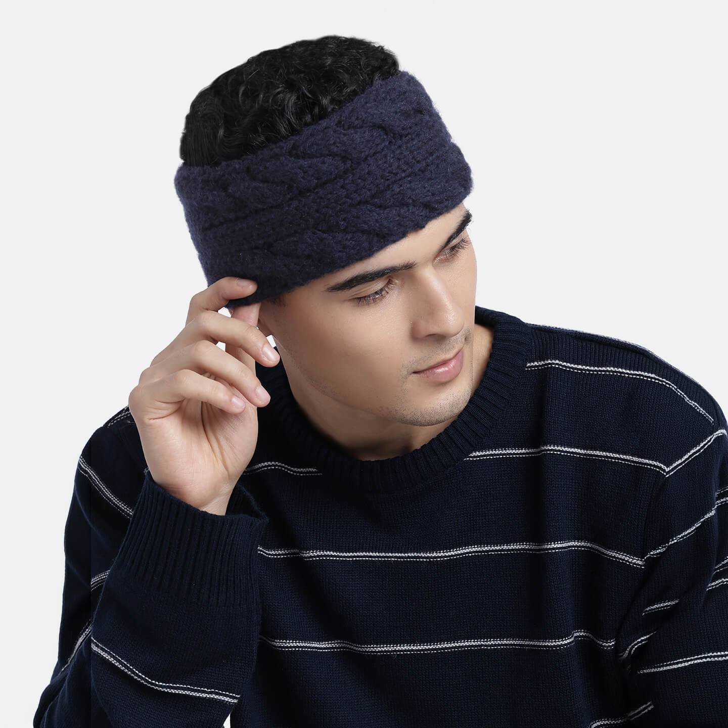 Hand Knitted Woolen Designer Headband - Navy Blue 10721