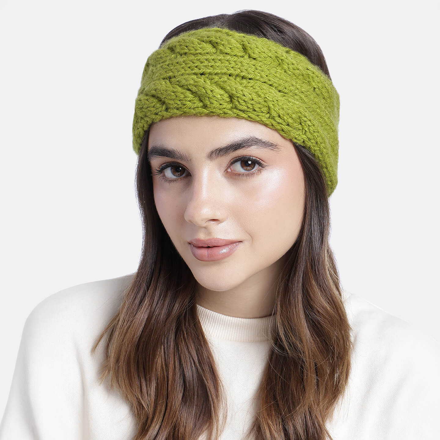 Hand Knitted Woolen Designer Headband - Olive Green 10722