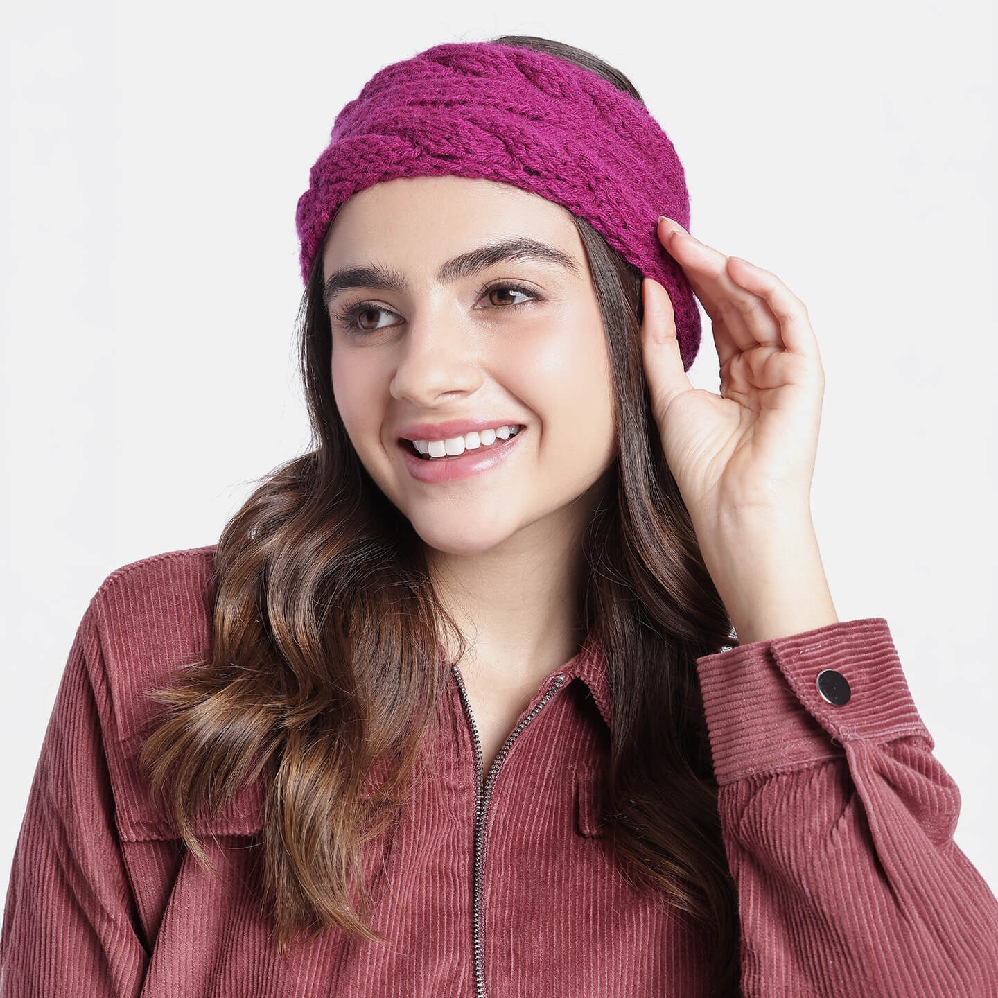 Hand Knitted Woolen Designer Headband - Magenta 10723