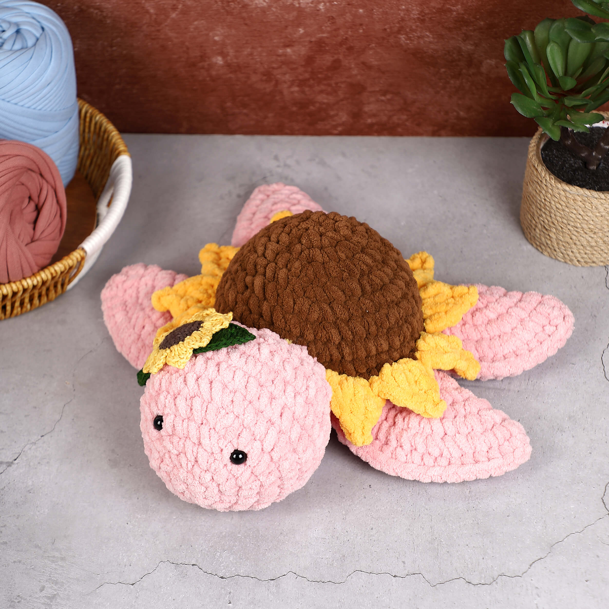 Handmade Amigurumi Plush Toy Tortoise with Sunflower - Pink