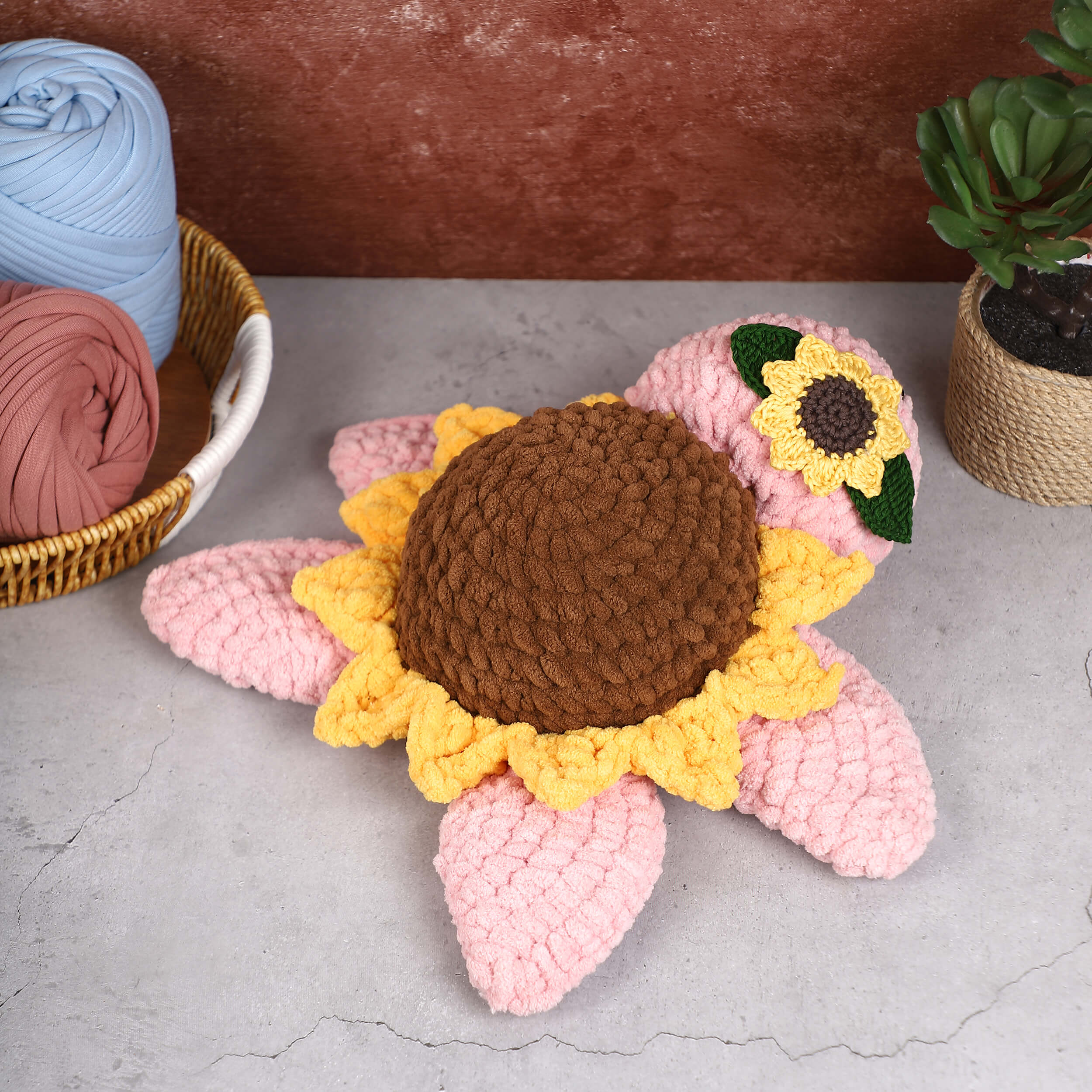 Handmade Amigurumi Plush Toy Tortoise with Sunflower - Pink