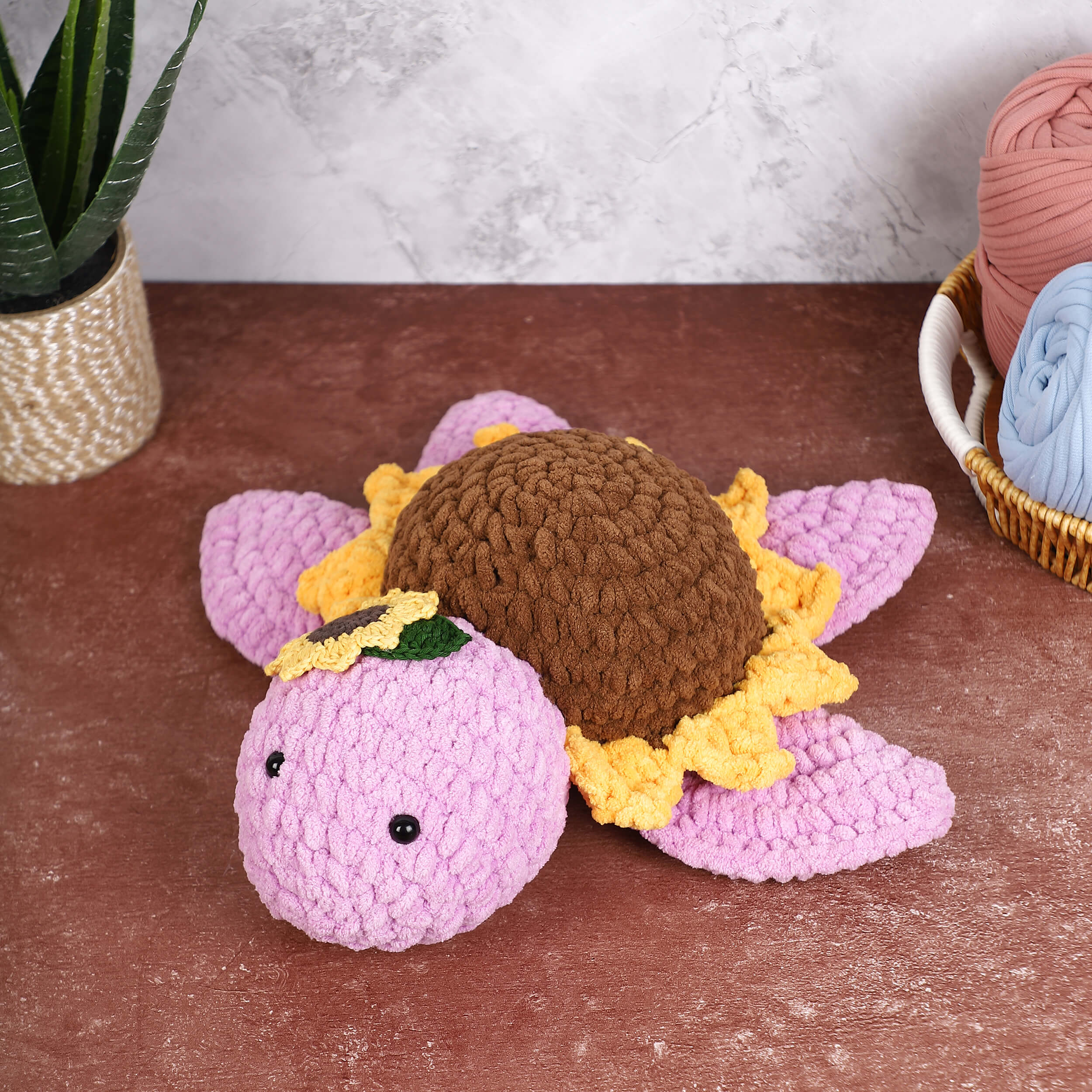 Handmade Amigurumi Plush Toy Tortoise with Sunflower - Lilac
