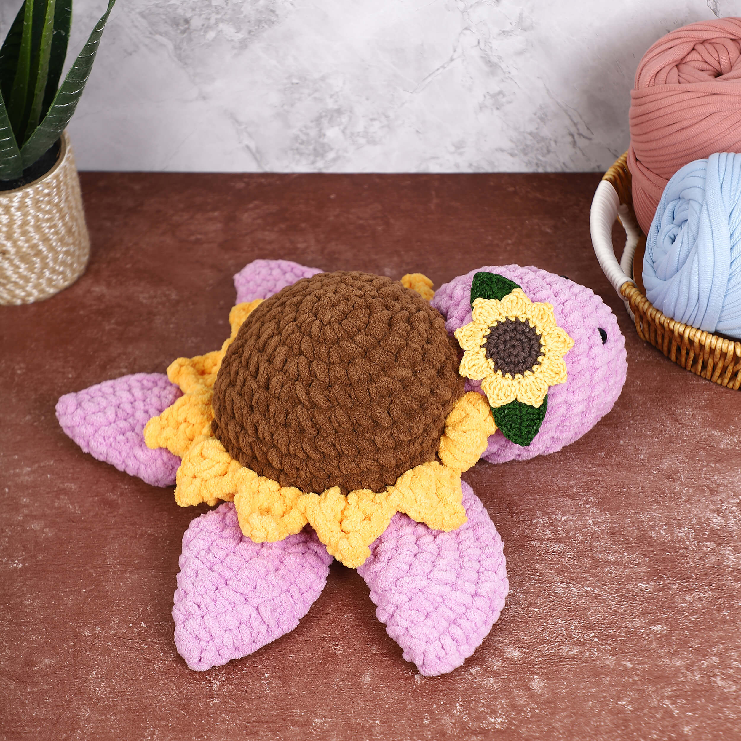Handmade Amigurumi Plush Toy Tortoise with Sunflower - Lilac