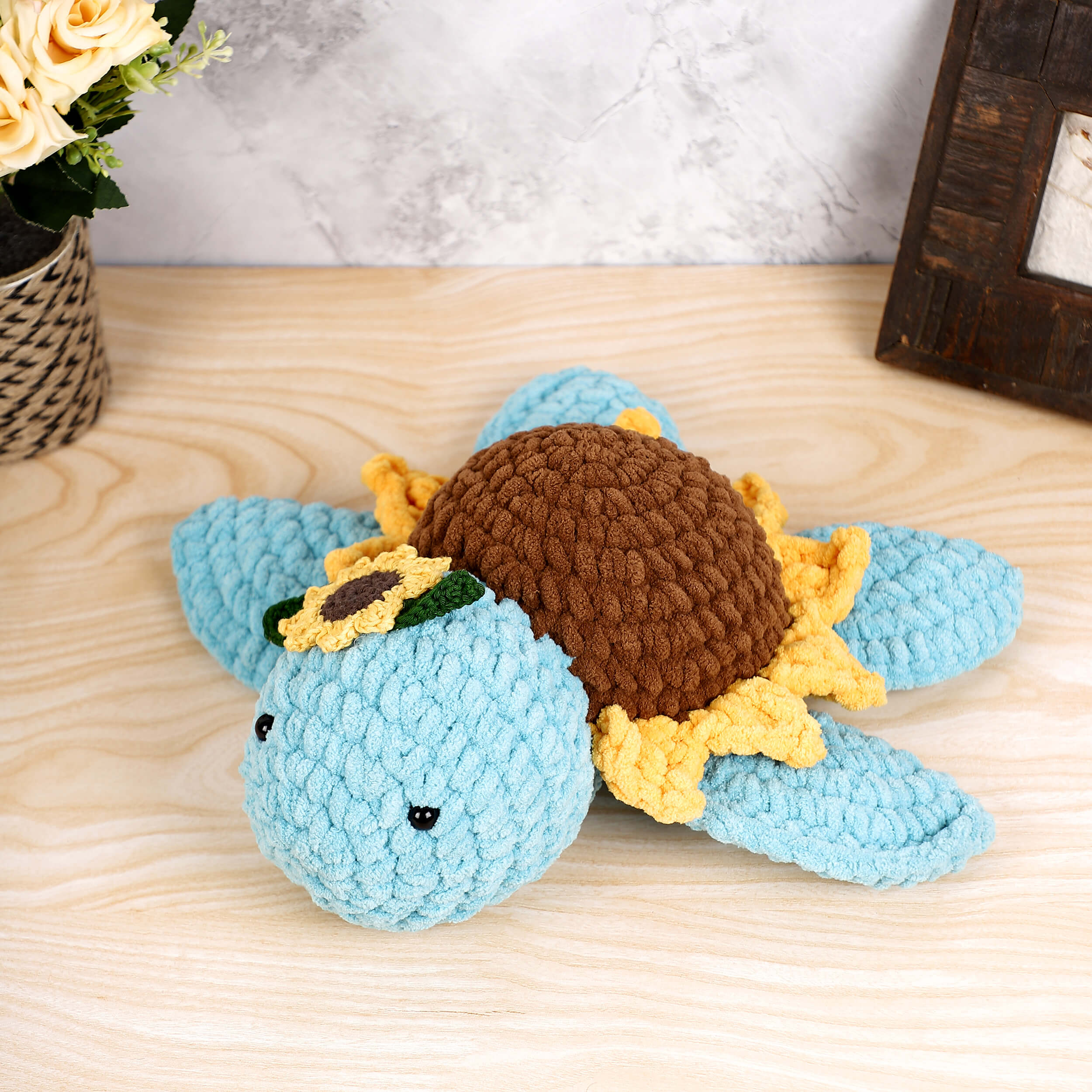 Handmade Amigurumi Plush Toy Tortoise with Sunflower - Sea Blue