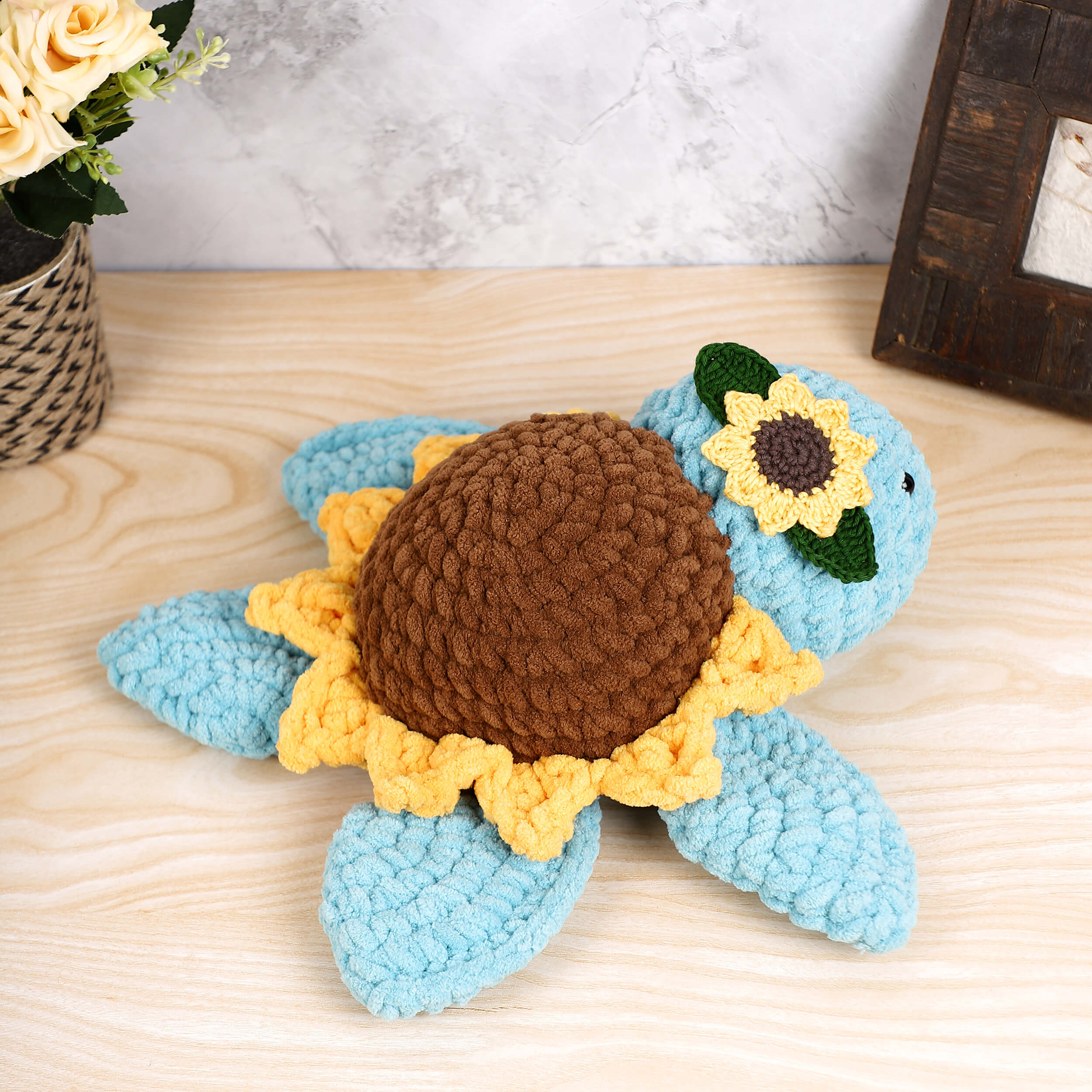 Handmade Amigurumi Plush Toy Tortoise with Sunflower - Sea Blue