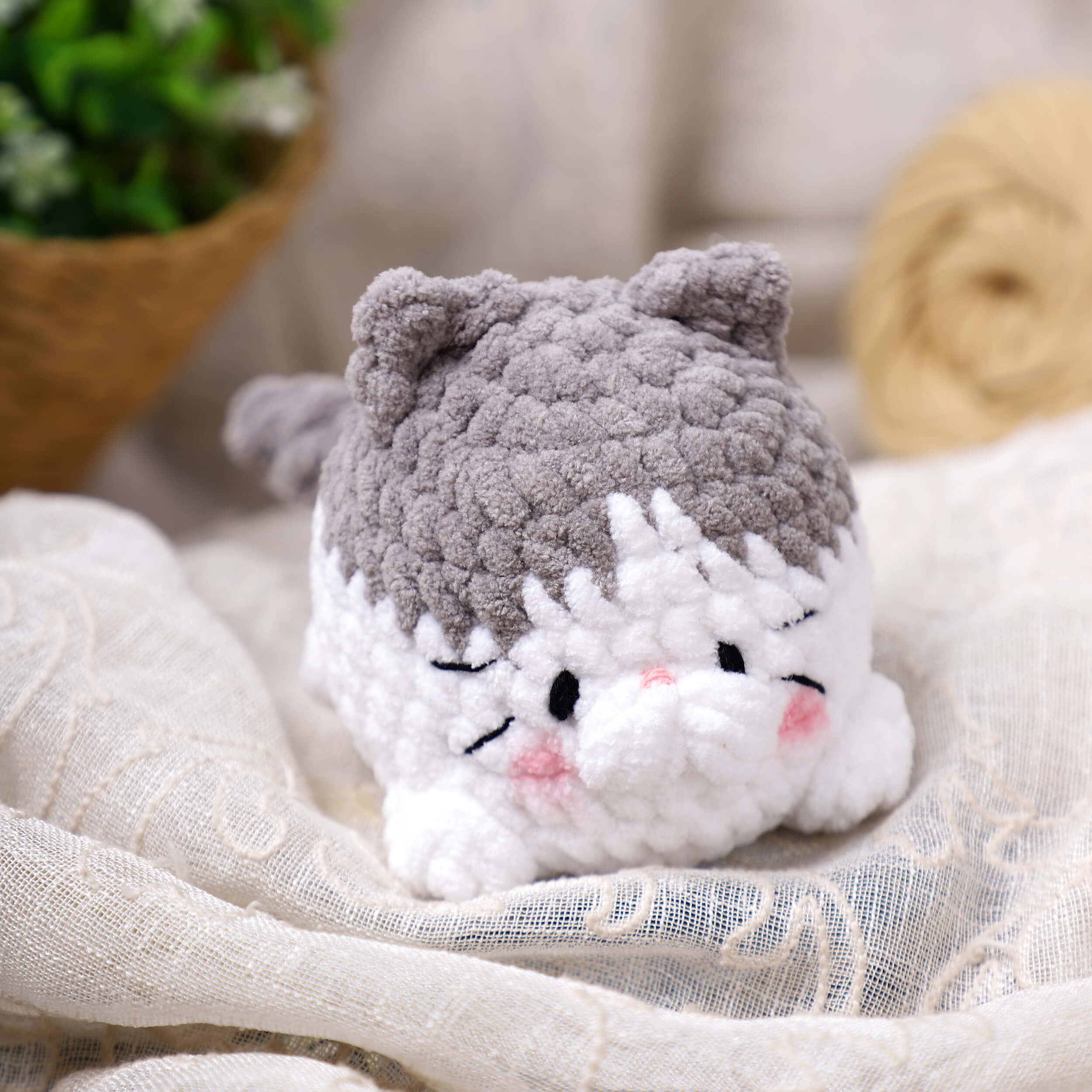 Handmade Amigurumi Plush Chubby Kittie Toy - White/Grey