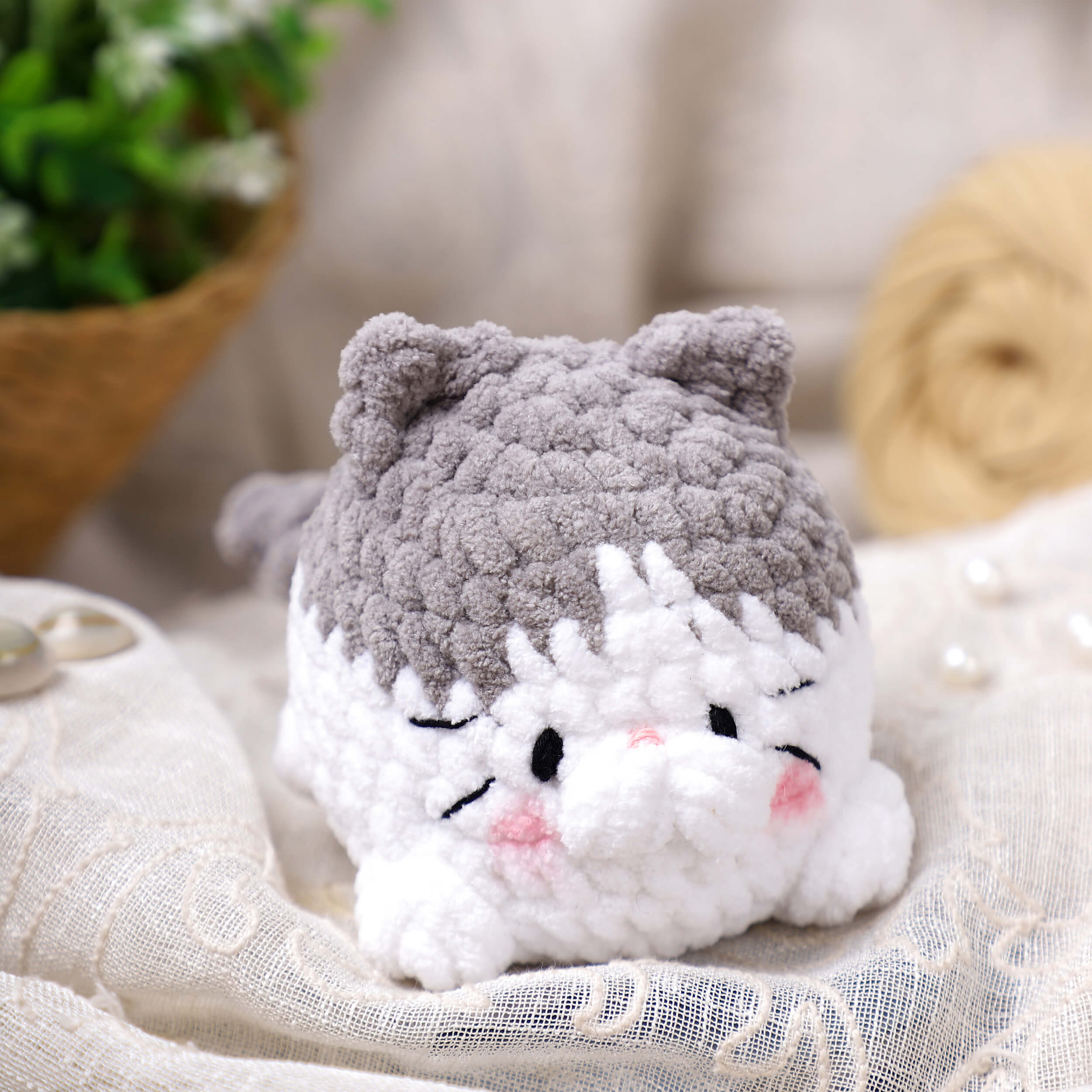 Handmade Amigurumi Plush Chubby Kittie Toy - White/Grey