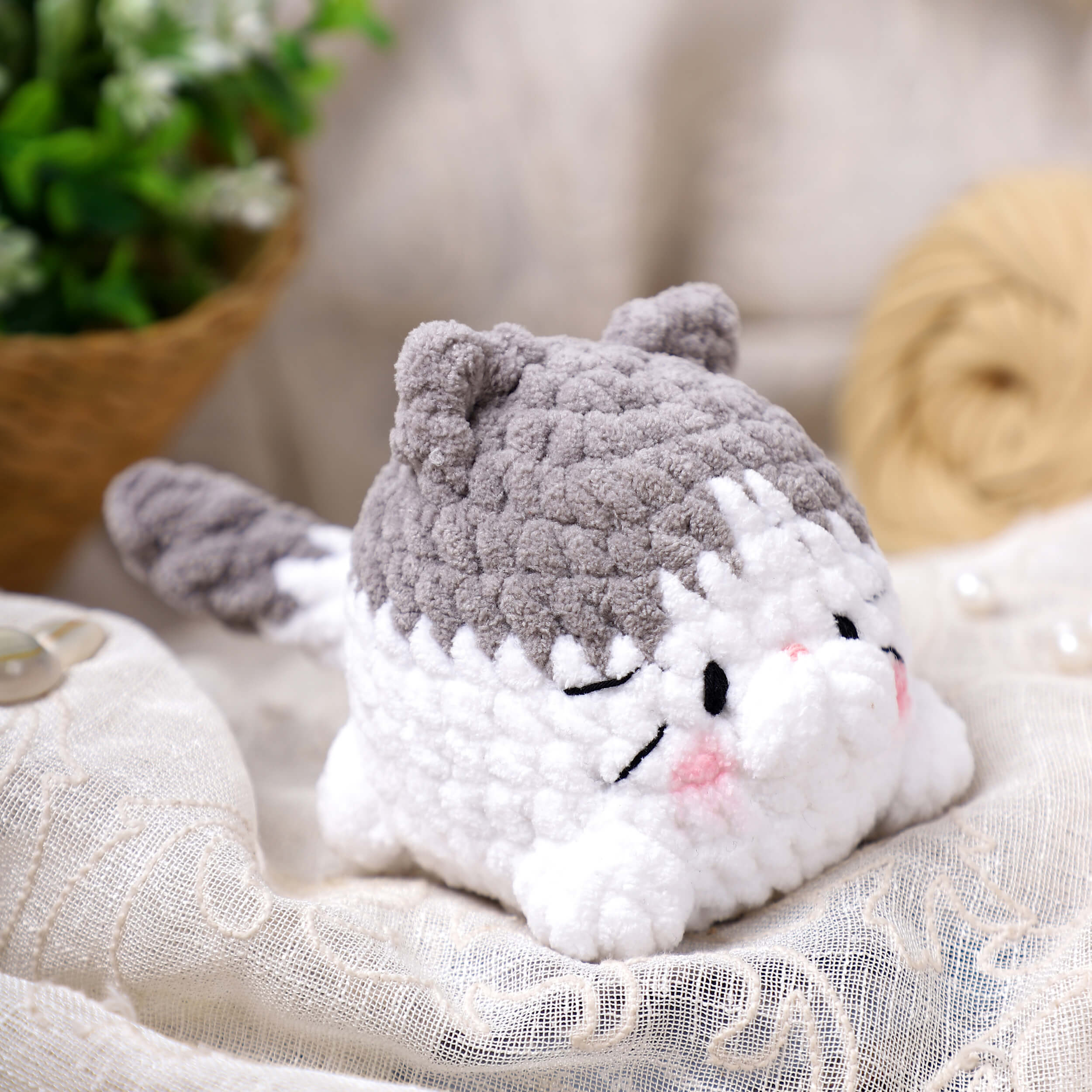 Handmade Amigurumi Plush Chubby Kittie Toy - White/Grey