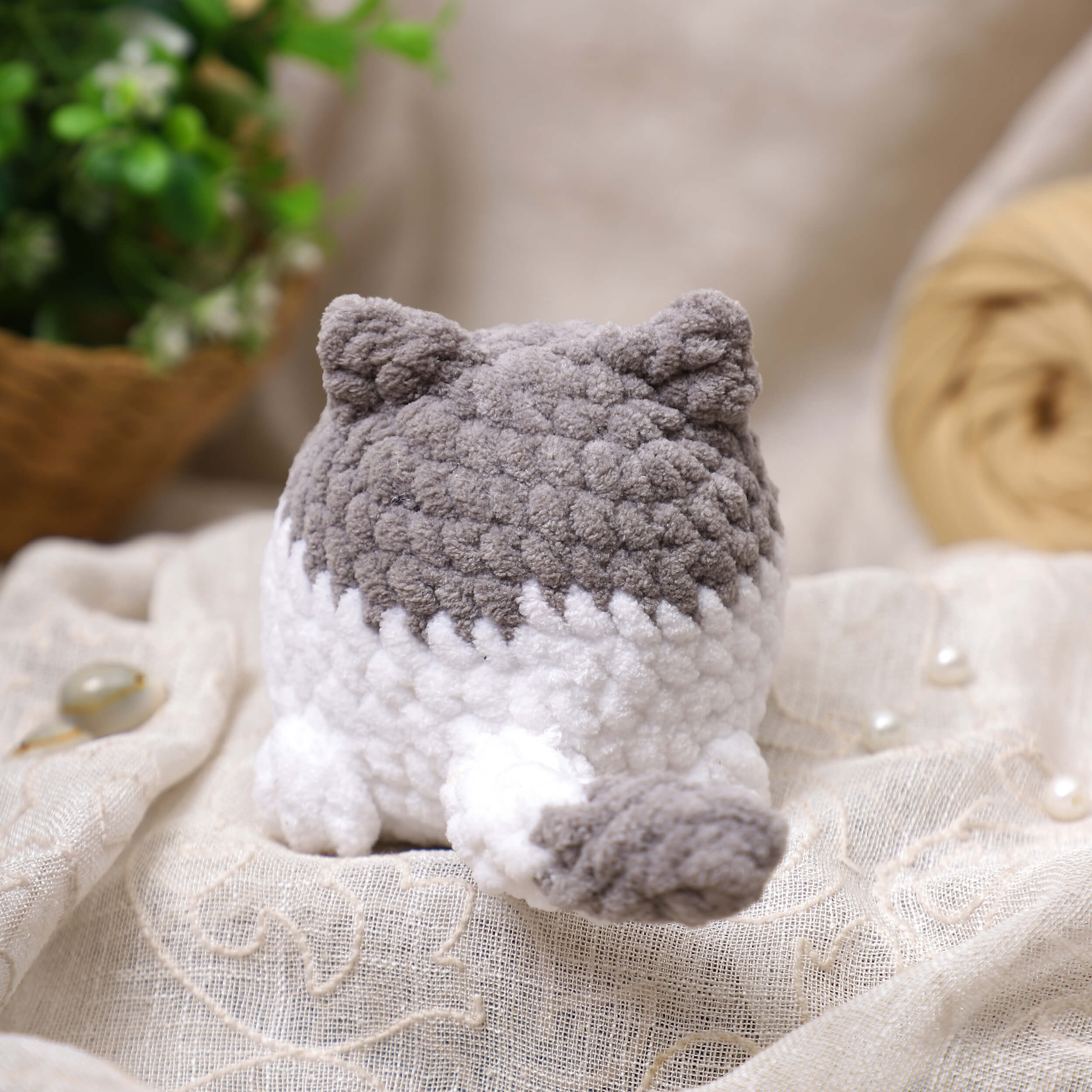 Handmade Amigurumi Plush Chubby Kittie Toy - White/Grey