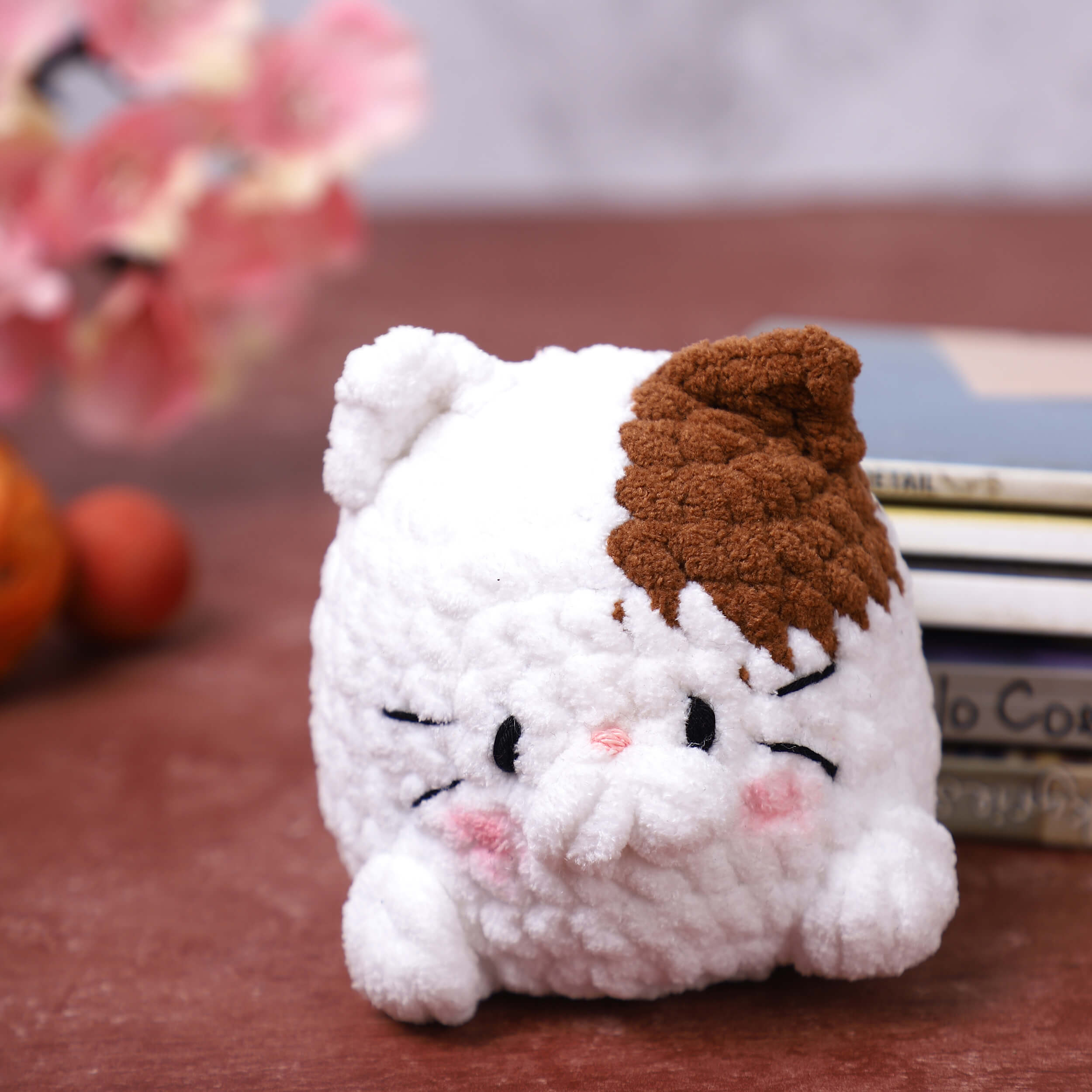 Handmade Amigurumi Plush Chubby Kittie Toy - White/Brown