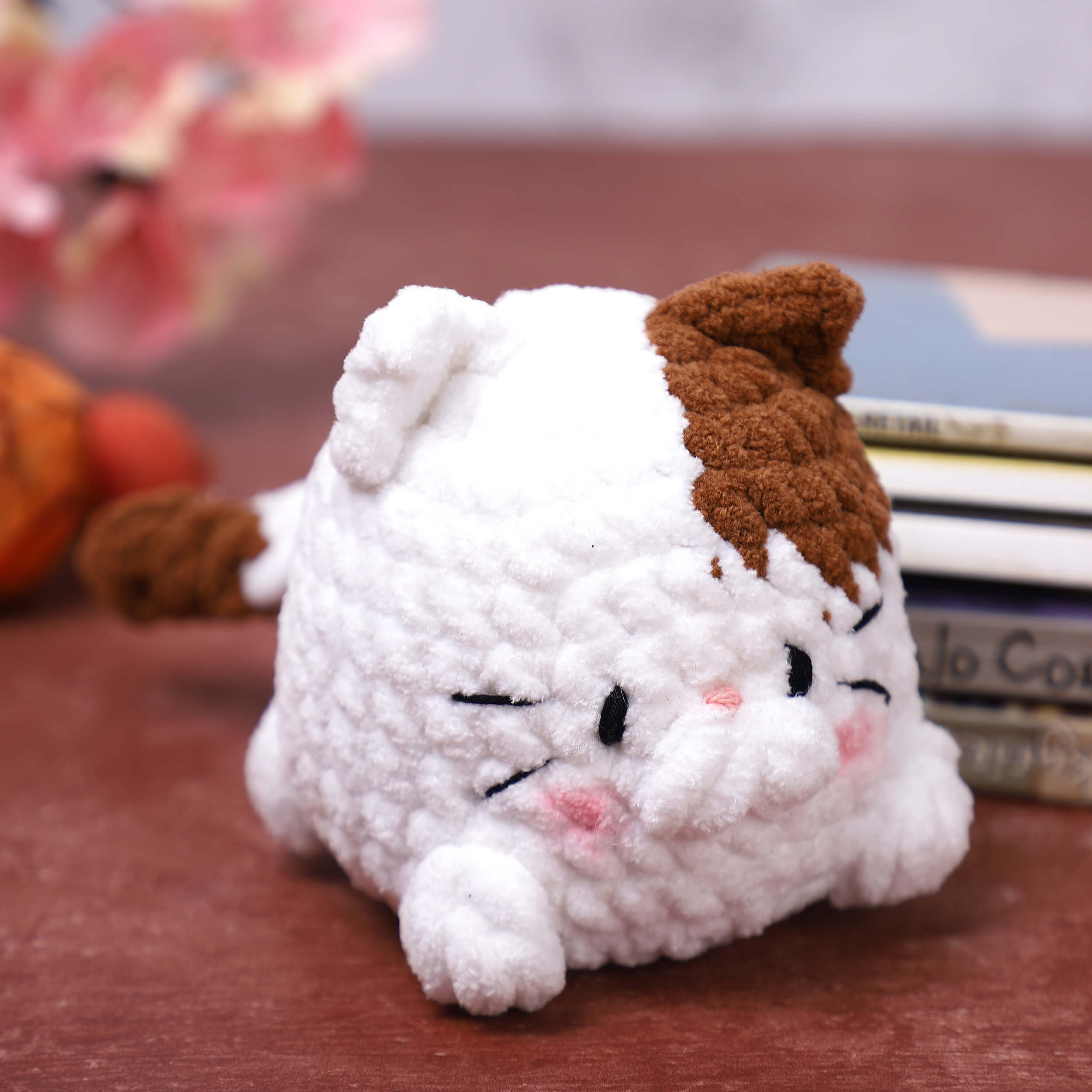 Handmade Amigurumi Plush Chubby Kittie Toy - White/Brown