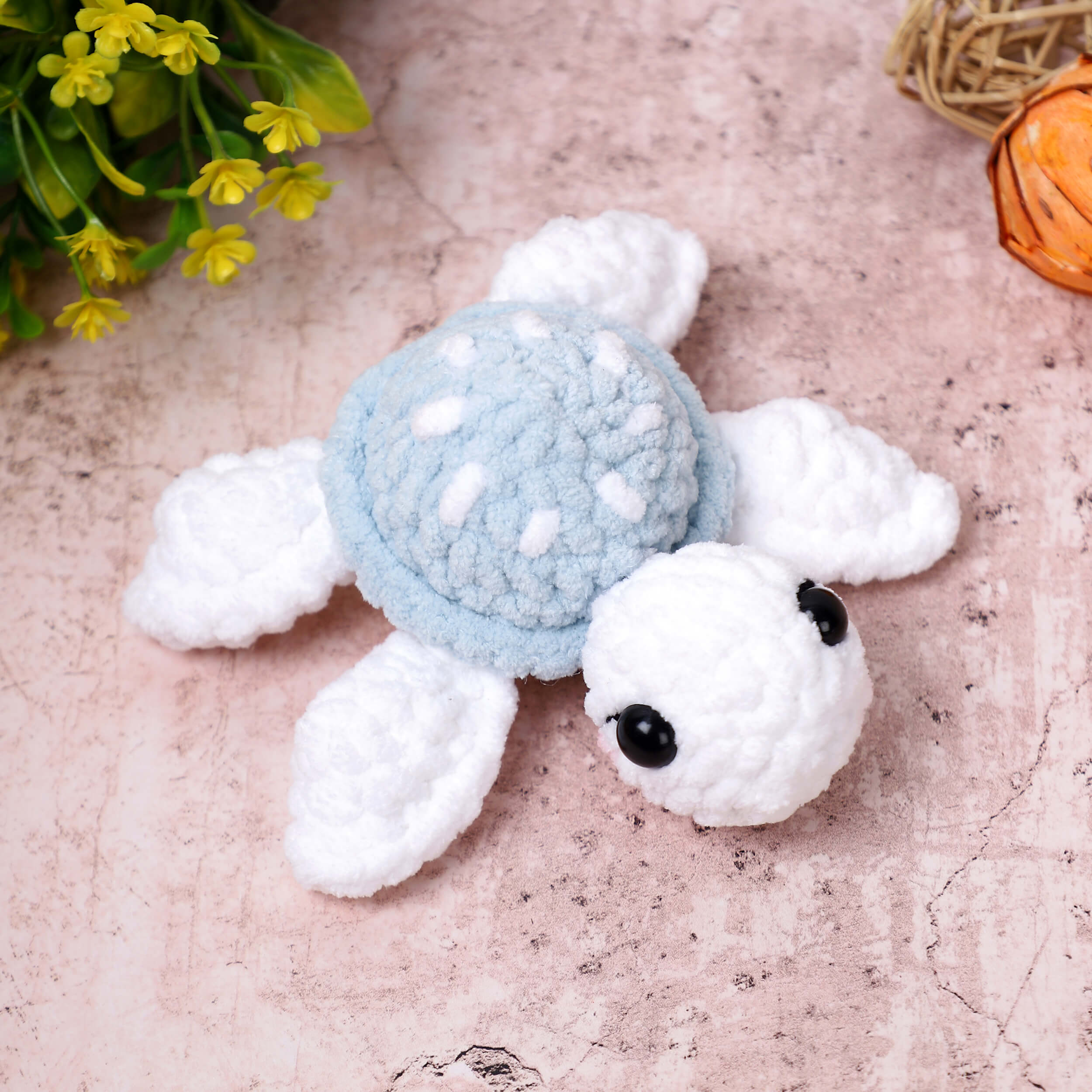Handmade Amigurumi Plush Turtle Toy - Sky Blue/White