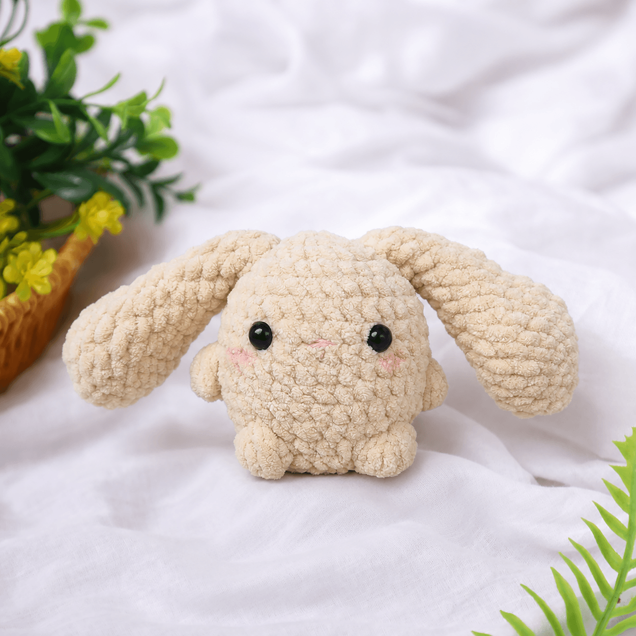 Handmade Amigurumi Plush Fluffy Long Eared Bunny Toy - Cream