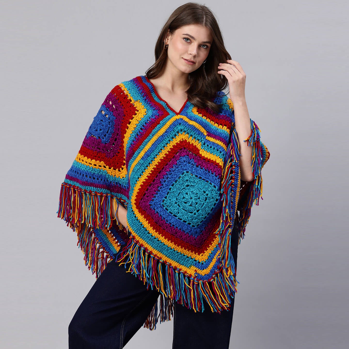Poncho with Tassels - Multi-color - 10772