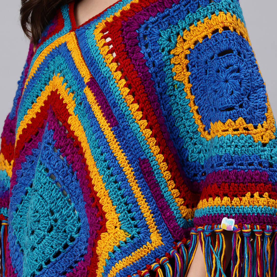 Poncho with Tassels - Multi-color - 10772