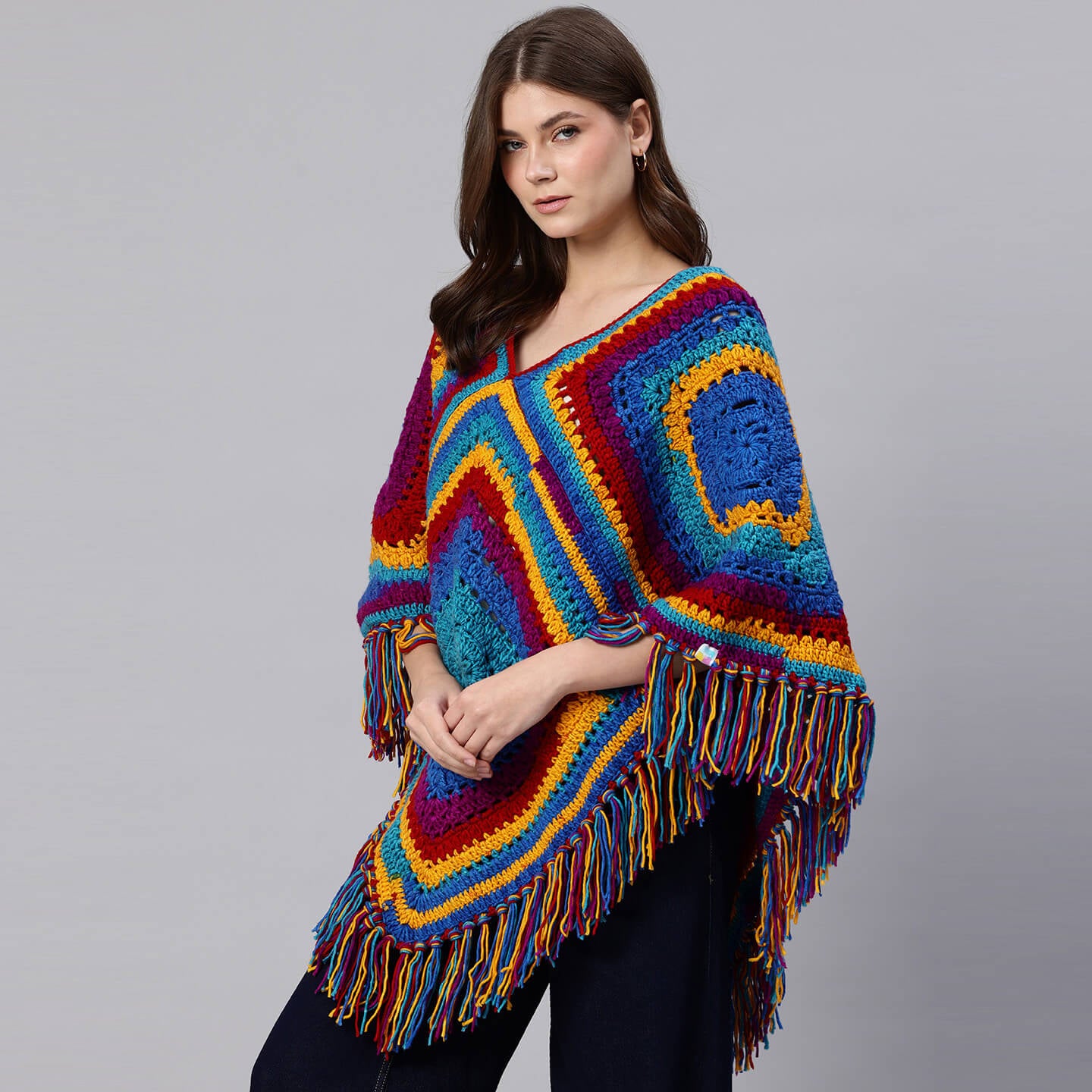 Poncho with Tassels - Multi-color - 10772