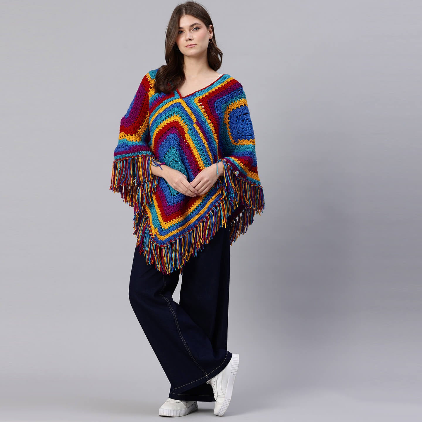 Poncho with Tassels - Multi-color - 10772
