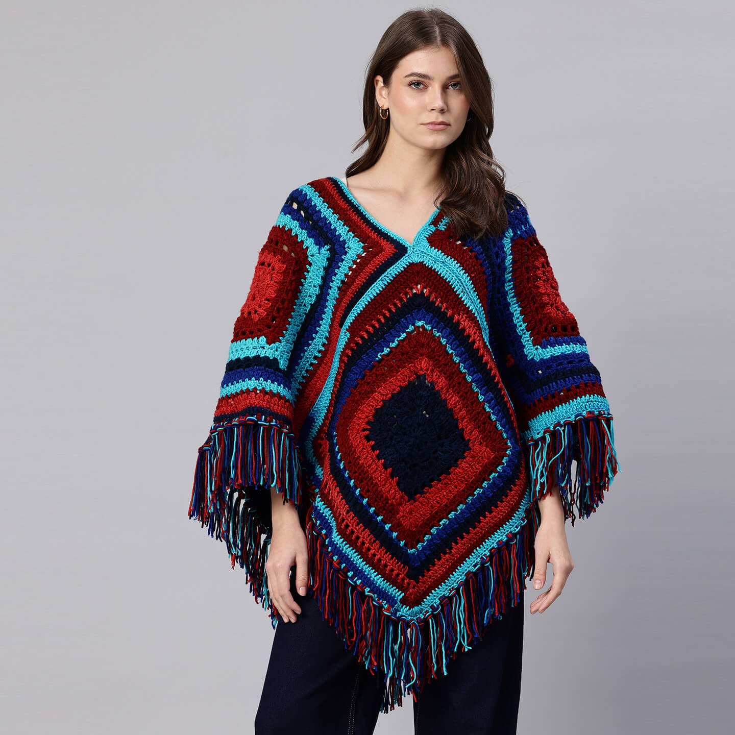 Poncho with Tassels - Multi-color - 10773