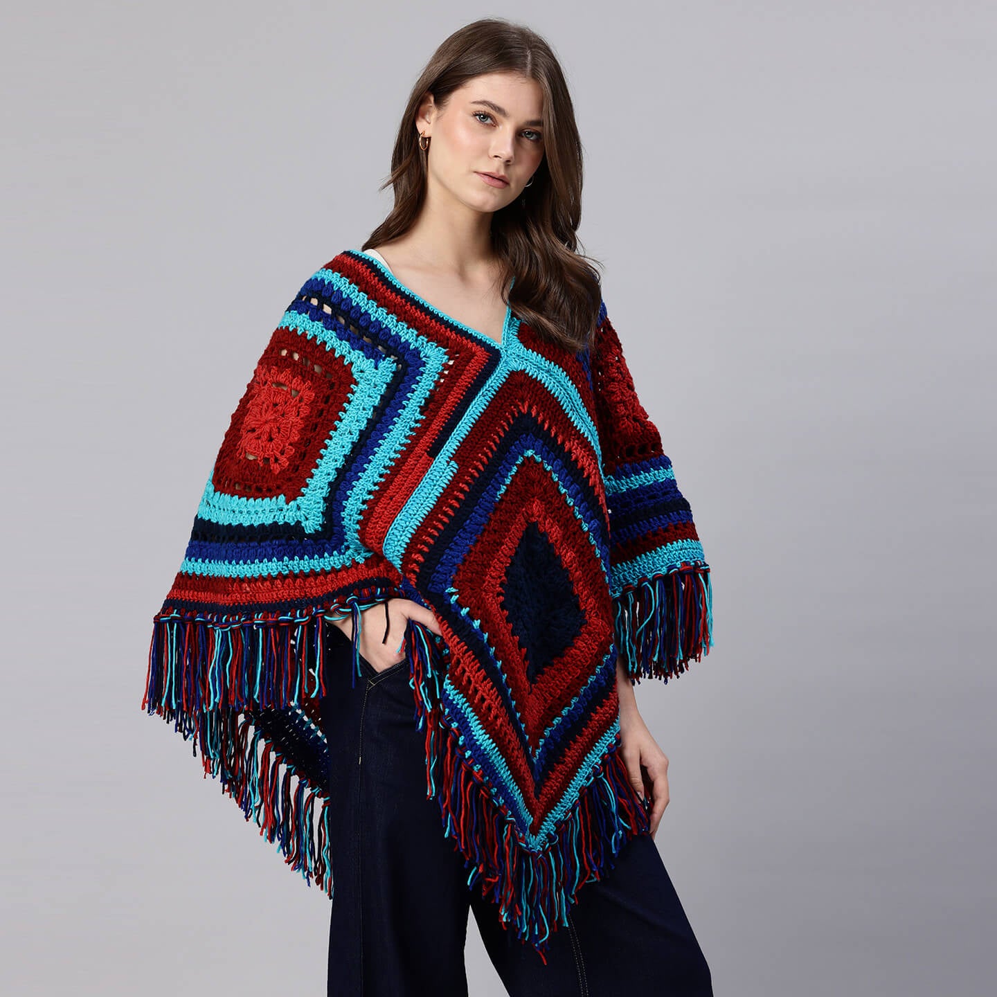 Poncho with Tassels - Multi-color - 10773