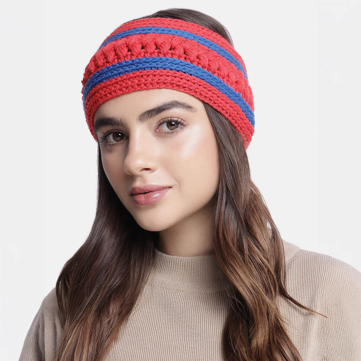 Handmade Crochet Self Design Headband - Red - 10788