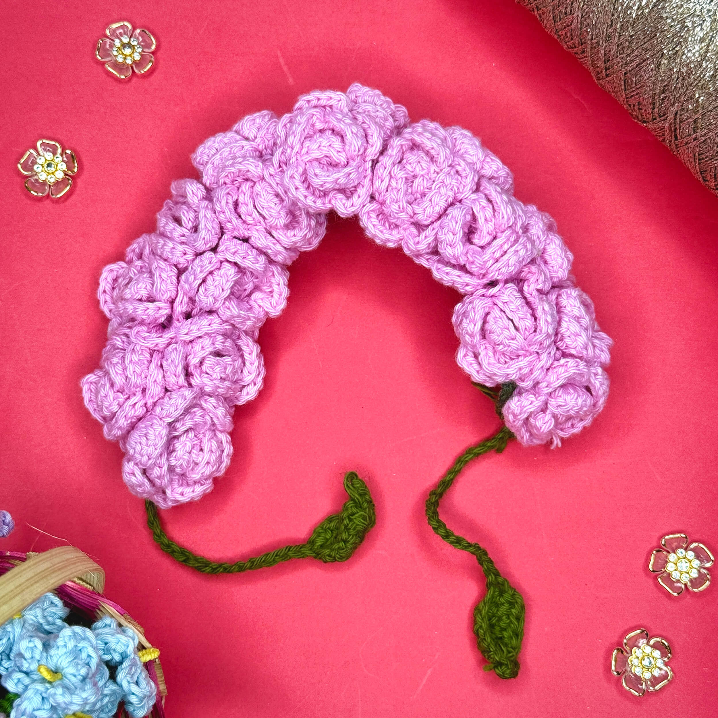 Handmade Crochet Pink Rose Gajra