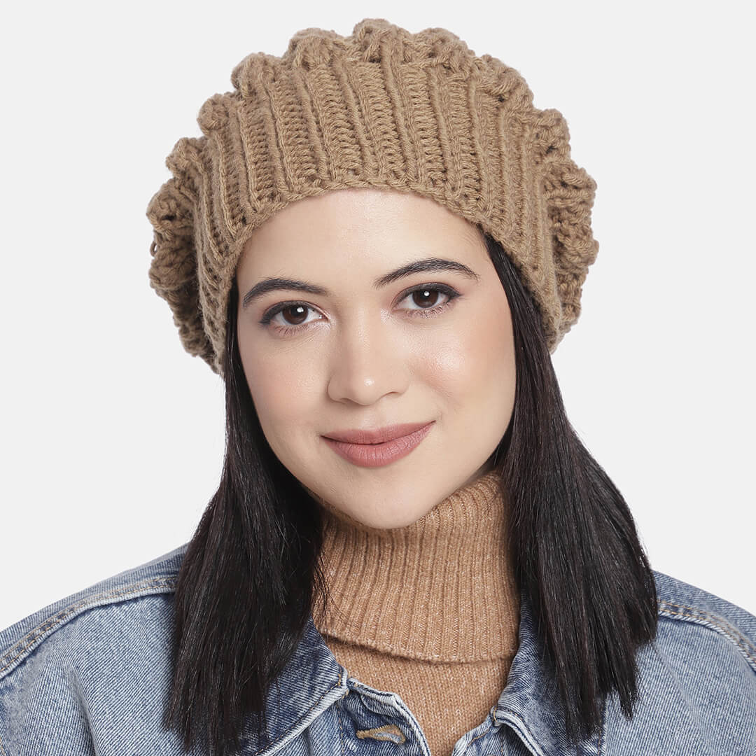 Khaki Self-Design Beanie - 1306