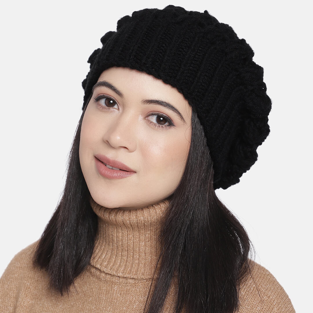 Black Self-Design Beanie - 1482