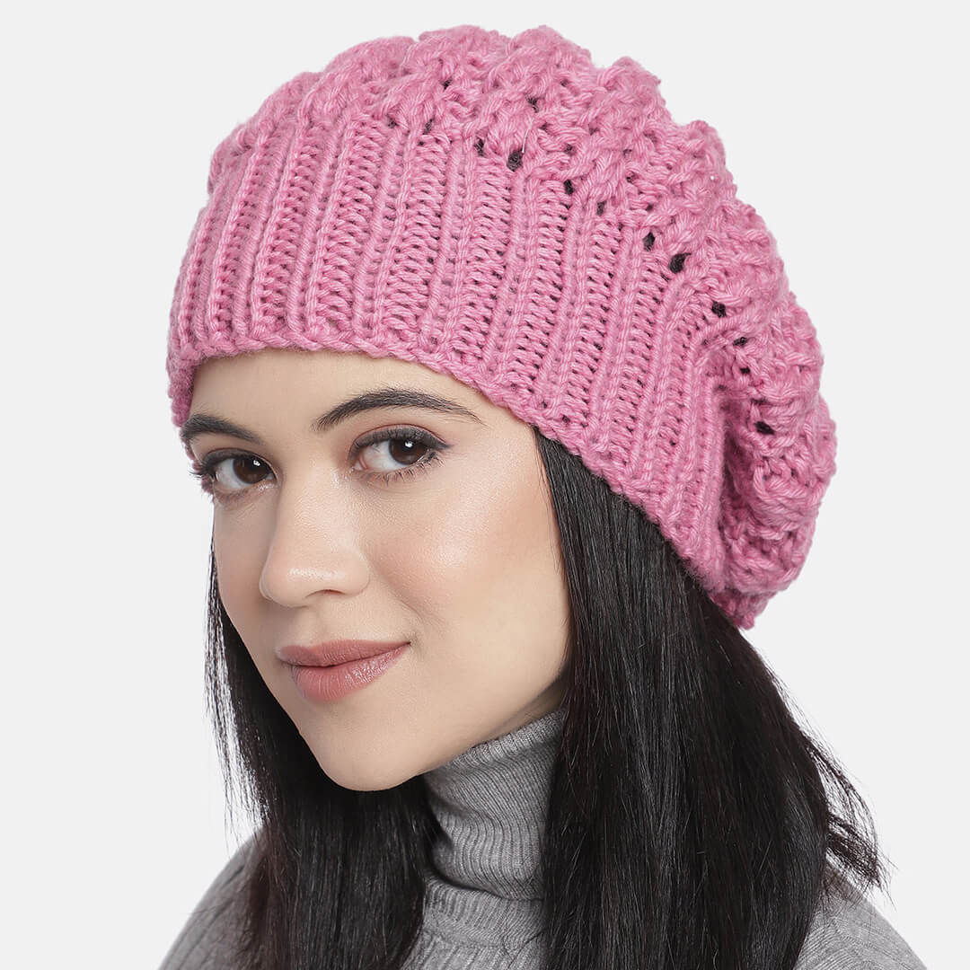 Pink Knit Slouchy Shroom Woollen Beanie - 1680