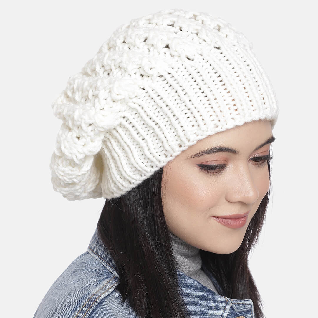 White Self-Design Beanie - 268