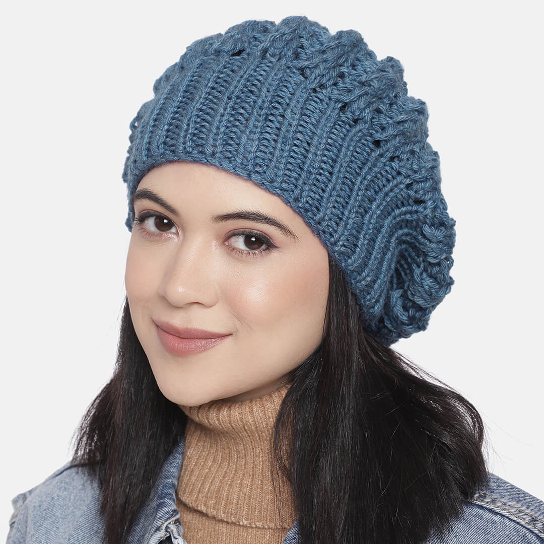 Blue Knit Self-Design Beanie - 271