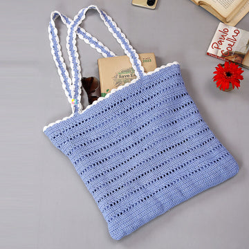 Handmade Crochet Market Bag - Blue & White 3042