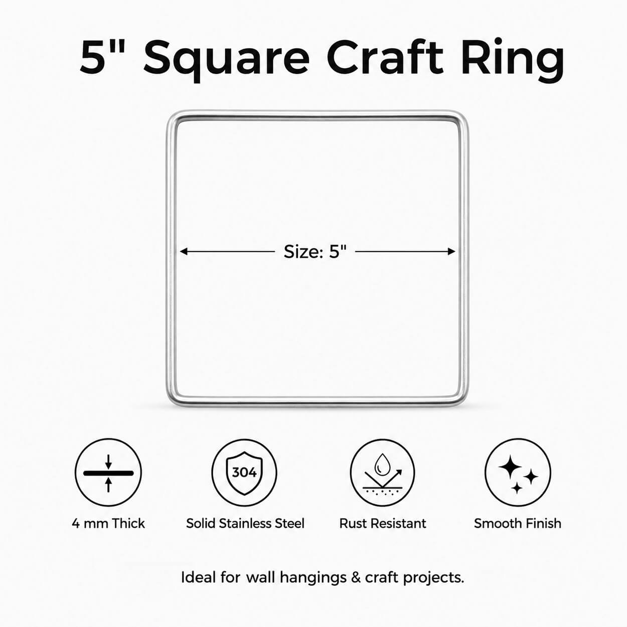 5-Inch Square Stainless Steel Craft Ring - Pack of 5