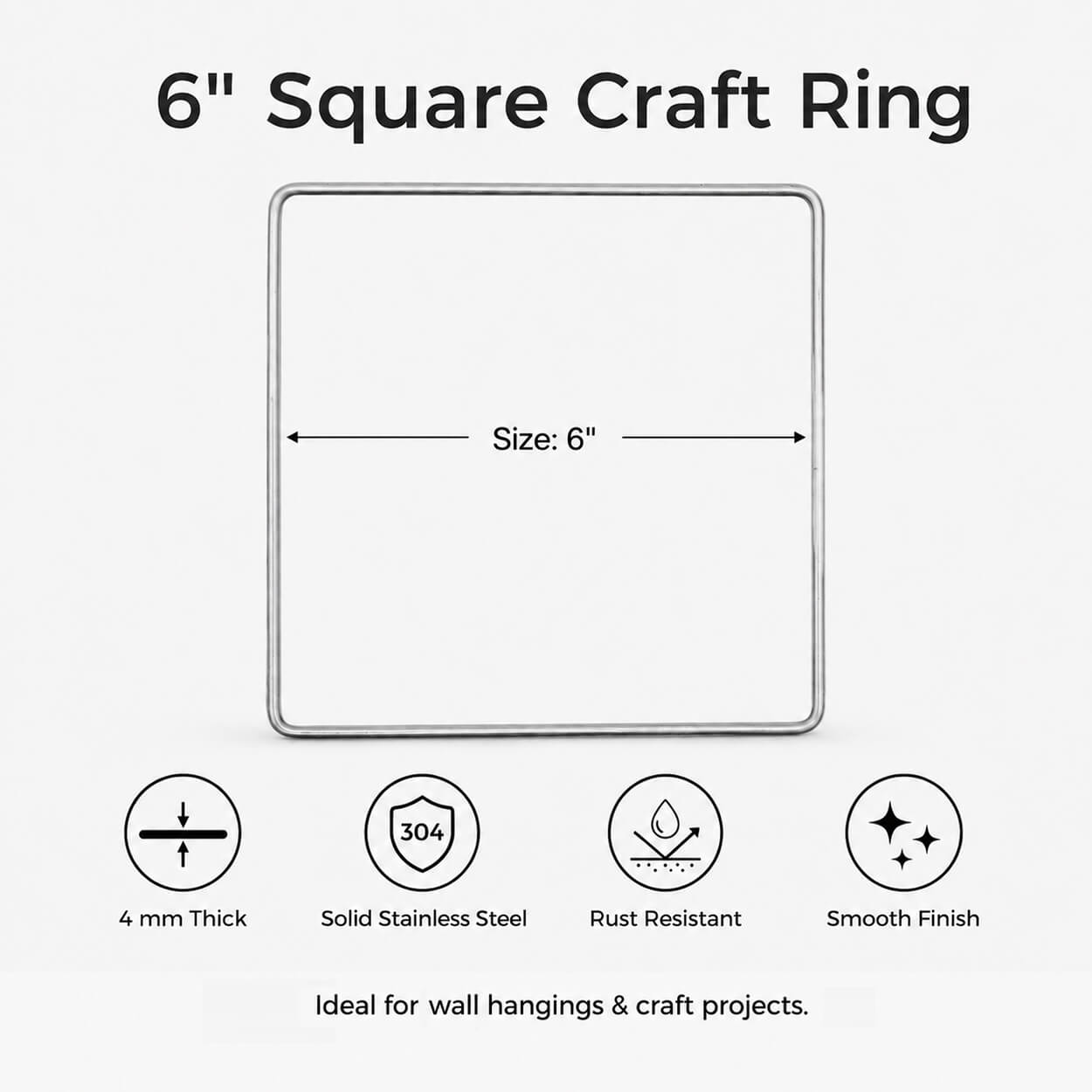 6-Inch Square Stainless Steel Craft Ring - Pack of 5