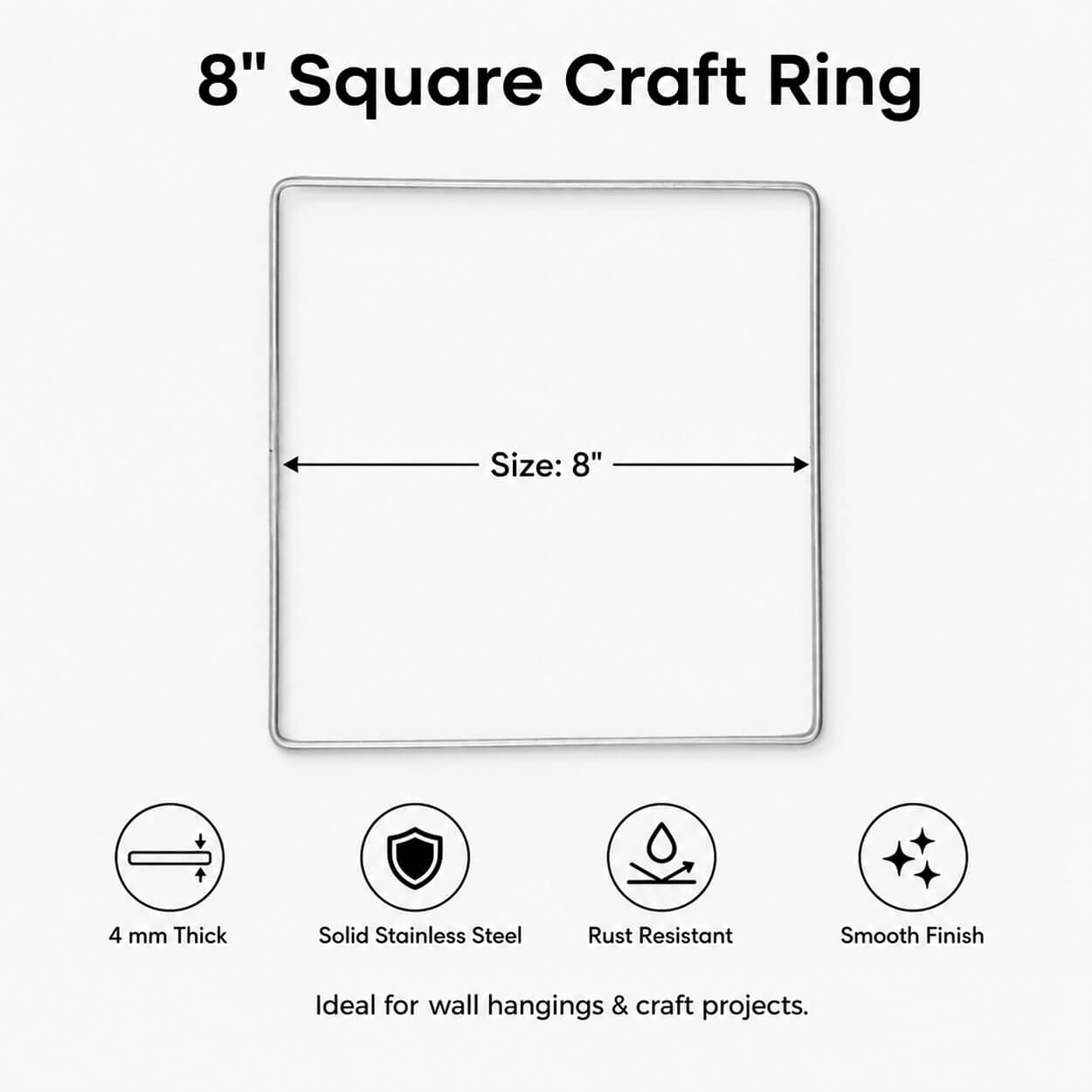 8-Inch Square Stainless Steel Craft Ring - Pack of 5