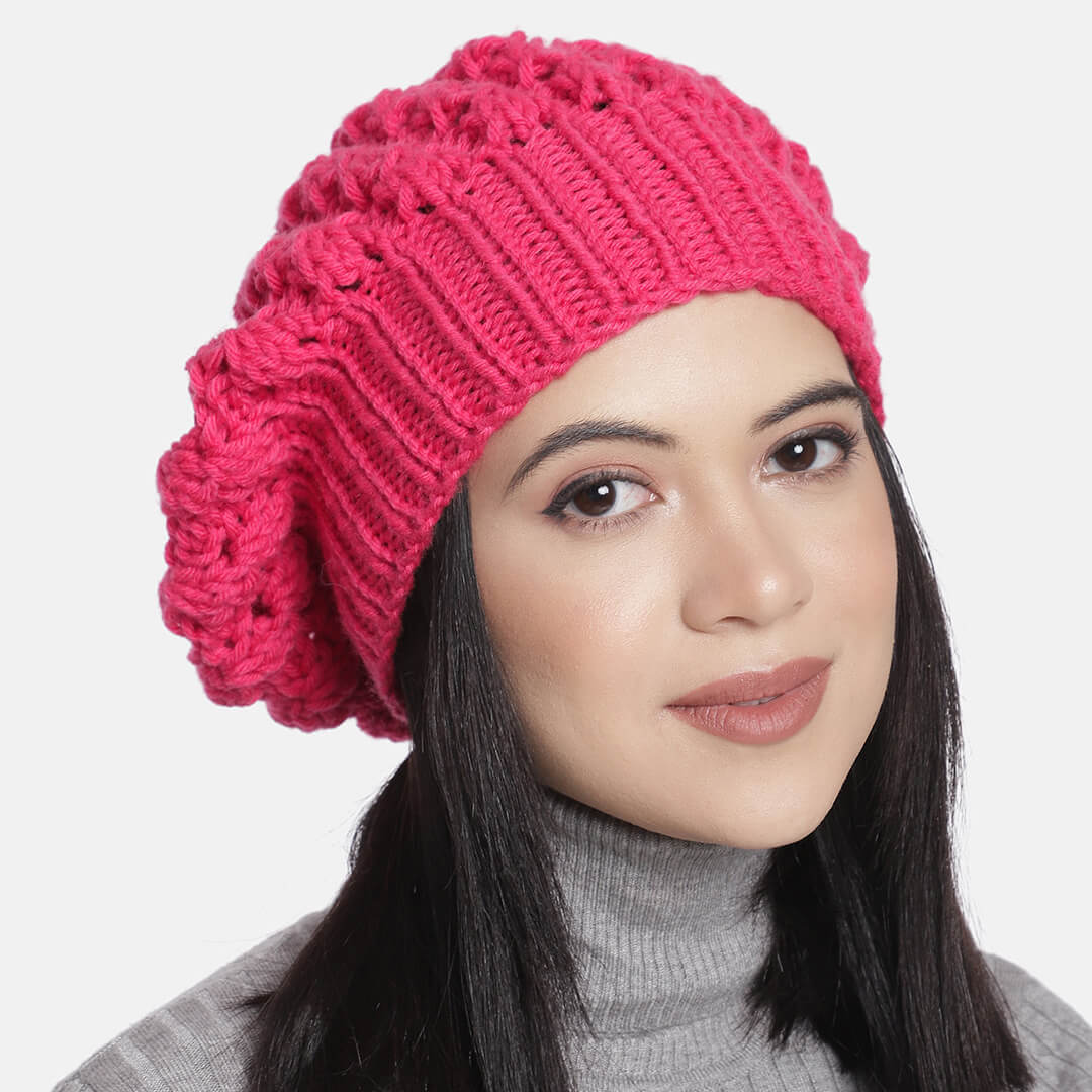Fuchsia Pink Self-Design Beanie - 821