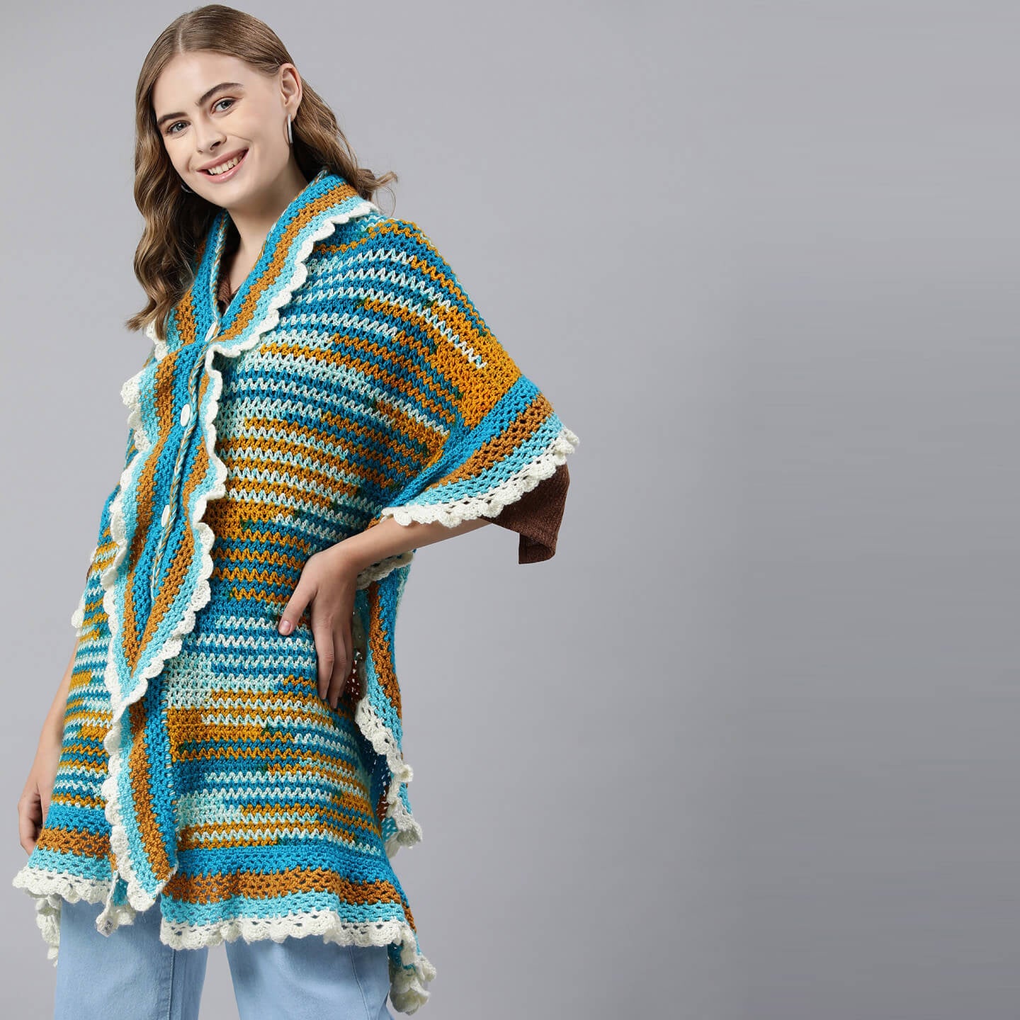 Collared Shawl with Border - Multicolor 3226