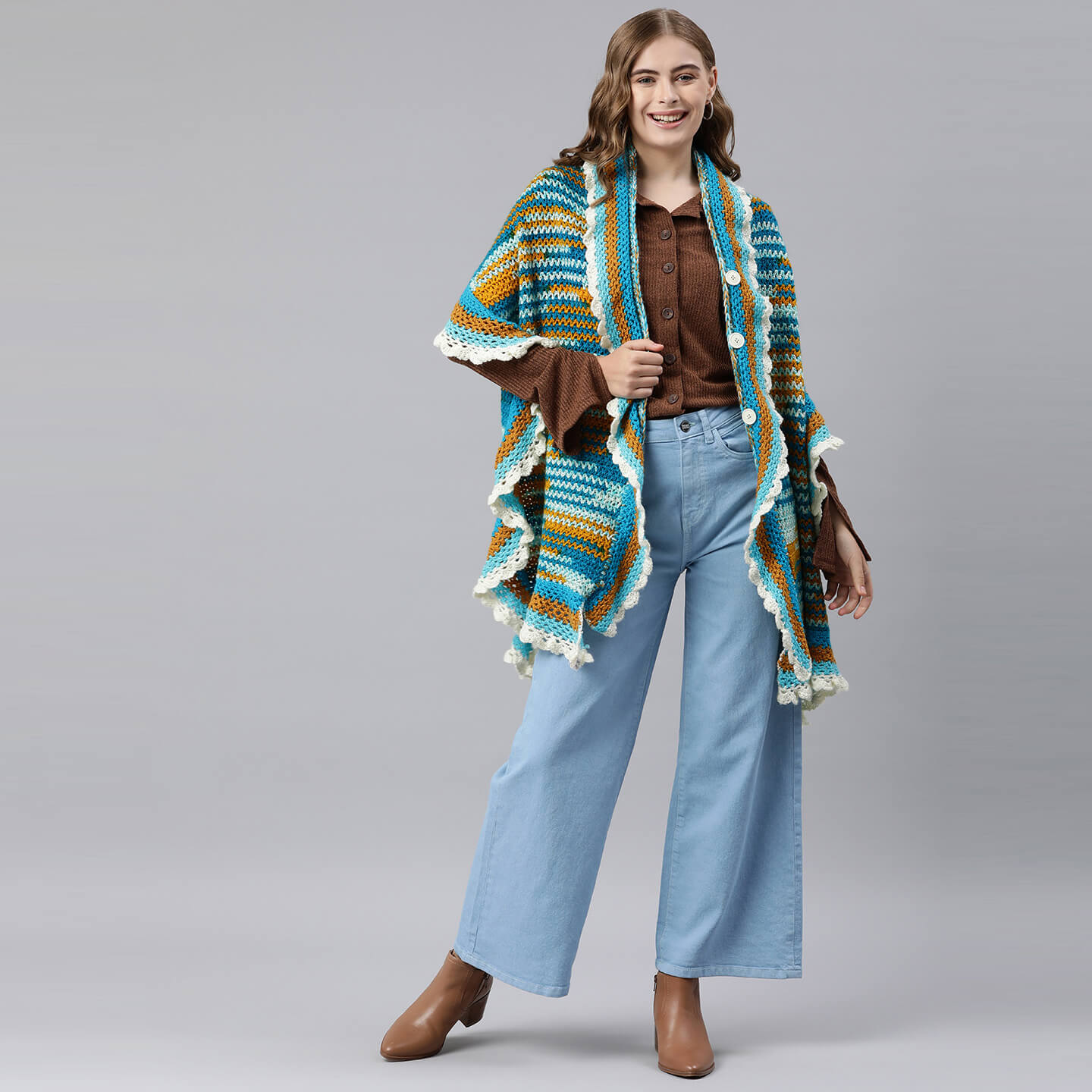 Collared Shawl with Border - Multicolor 3226