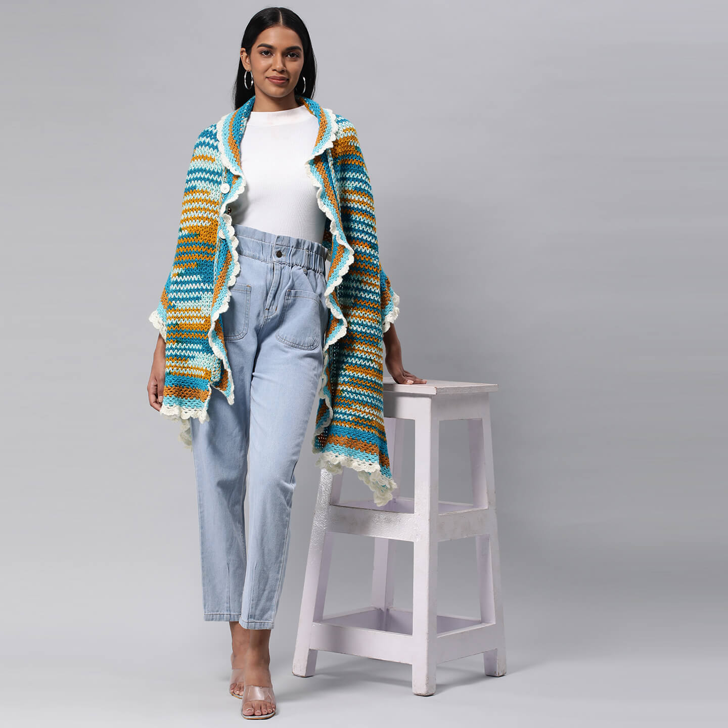 Collared Shawl with Border - Multicolor 3226