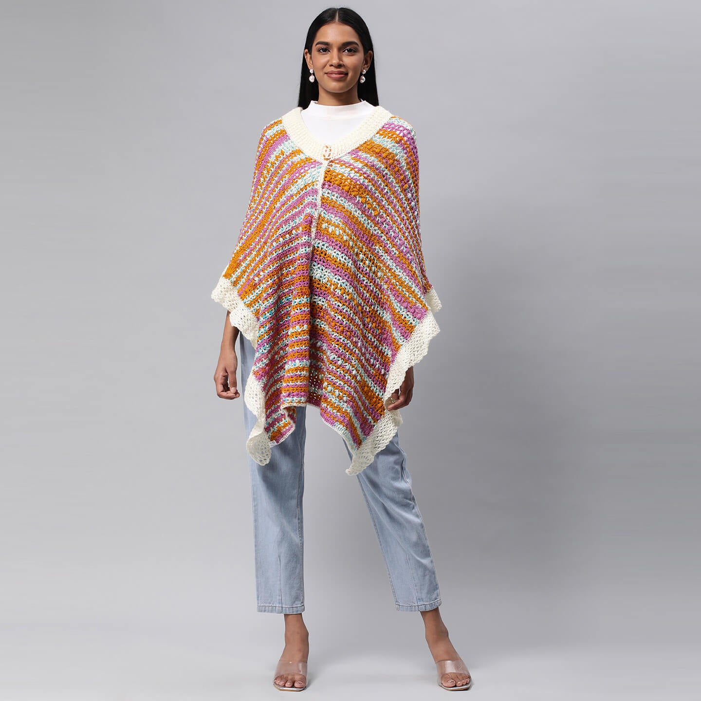 Collared Shawl with Border - Multicolor 3261