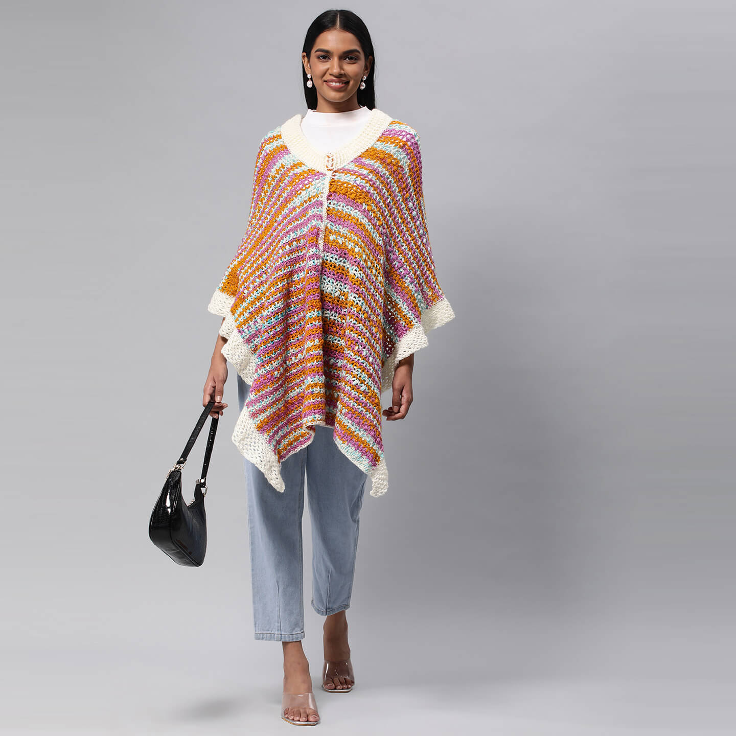 Collared Shawl with Border - Multicolor 3261