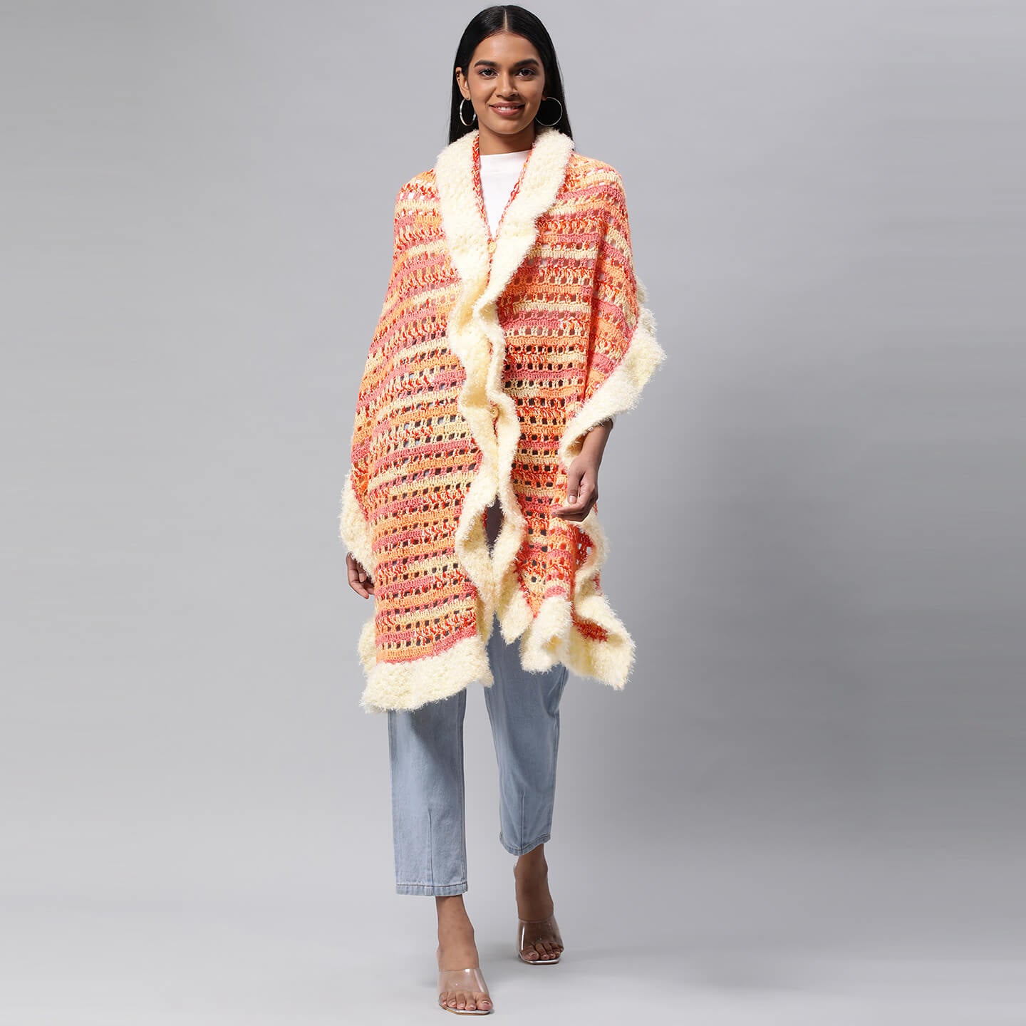 Collared Shawl with Border - Multicolor 3272