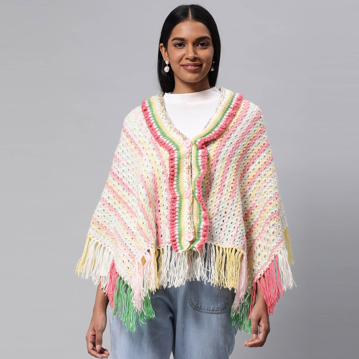Collared Shawl with border - Multicolor 3228