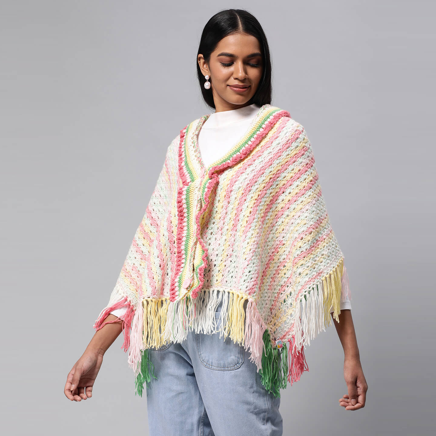 Collared Shawl with border - Multicolor 3228