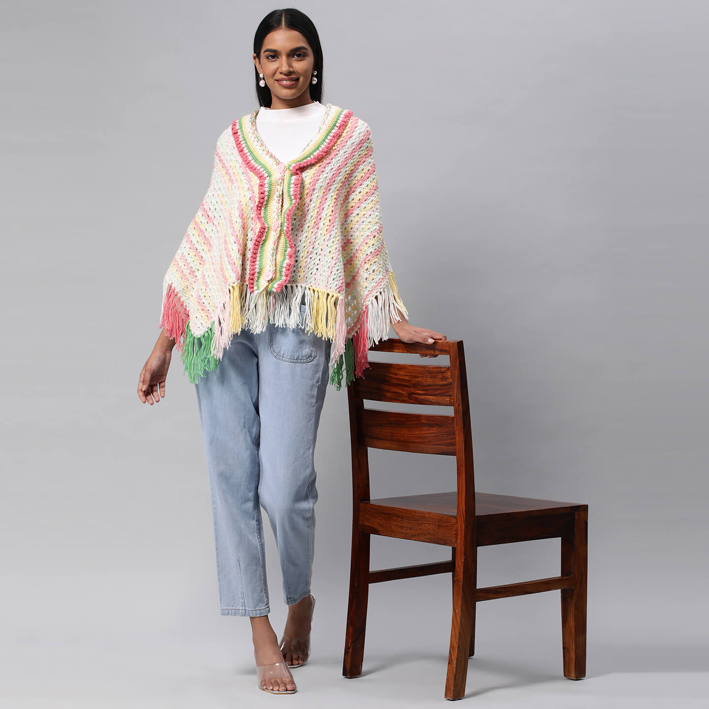 Collared Shawl with border - Multicolor 3228