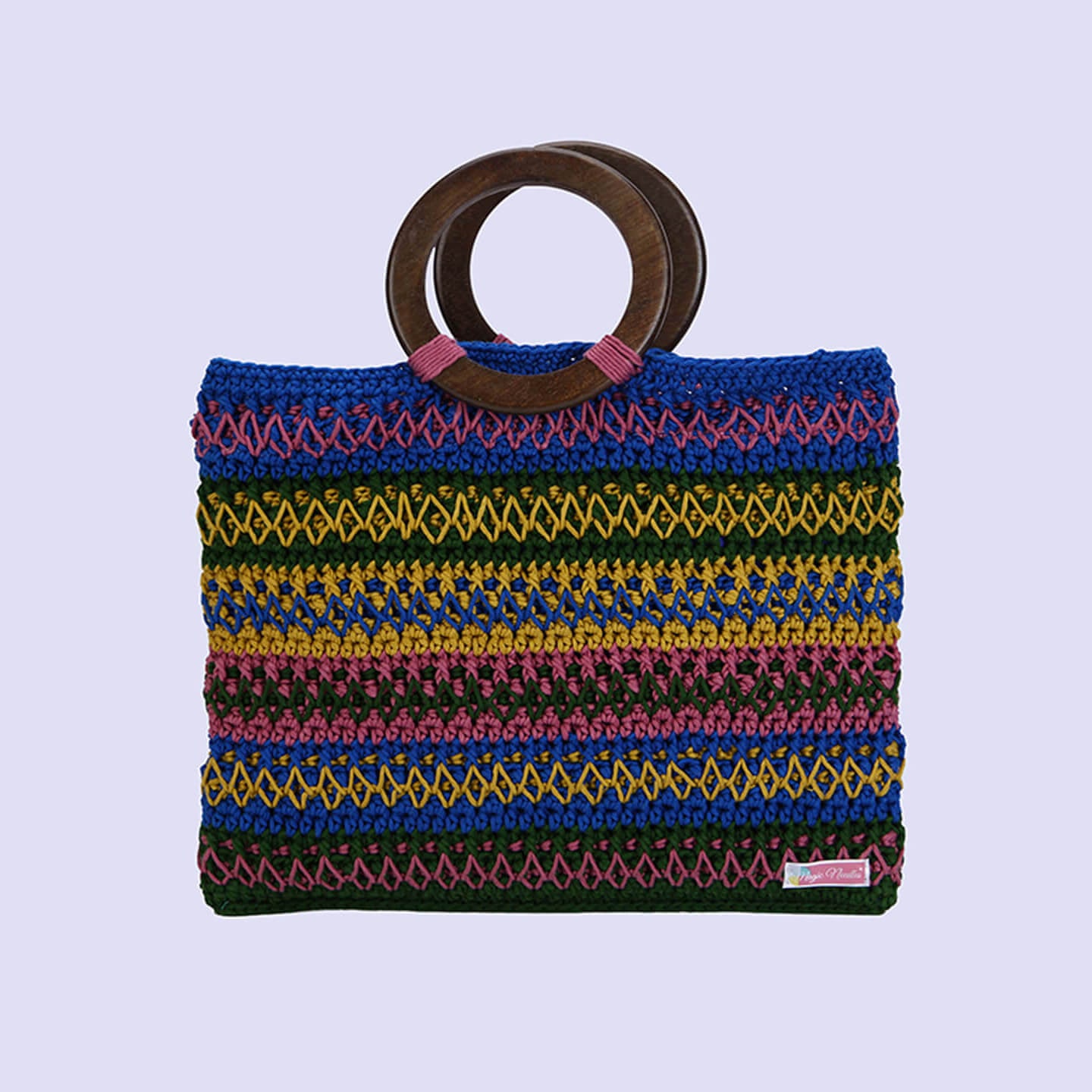 Handmade Cotton Handbag with Wood Handles - Multi - 10363